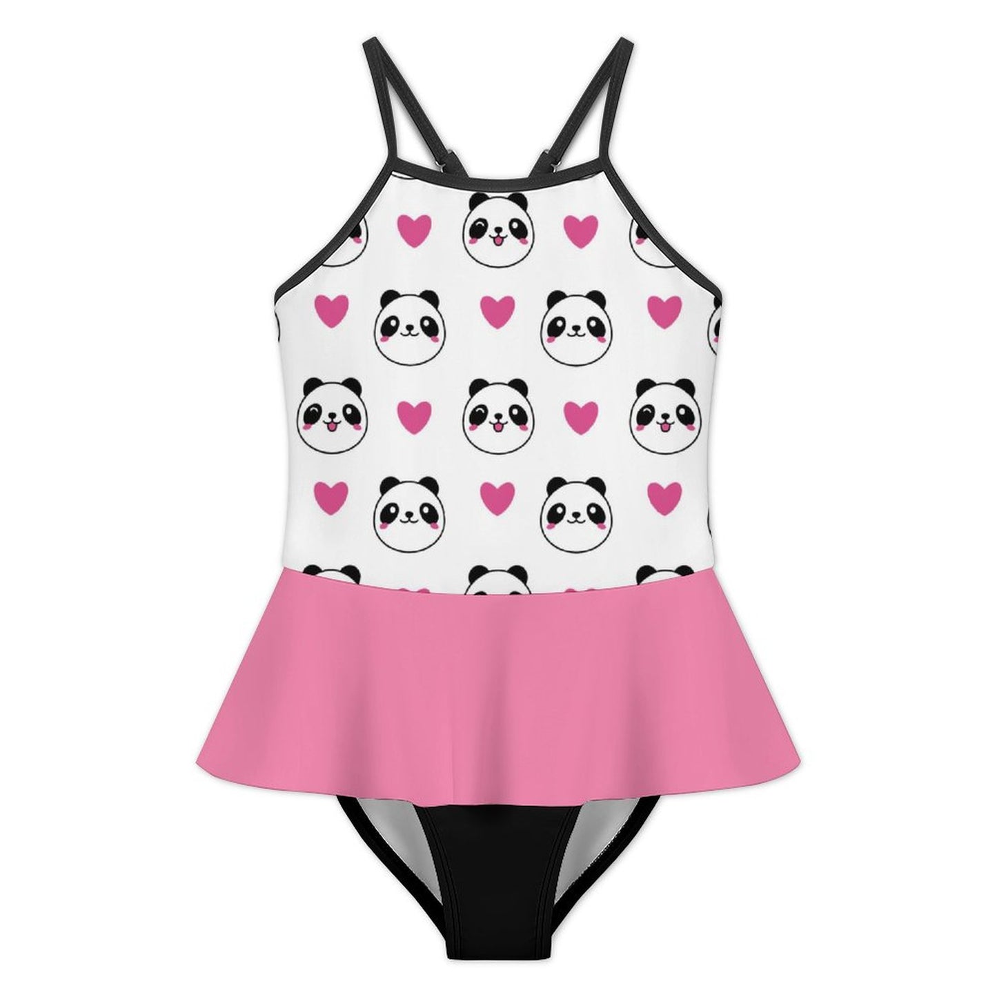 Girls One Piece Ruffle Strap Swimsuit Pink hearts and Panda