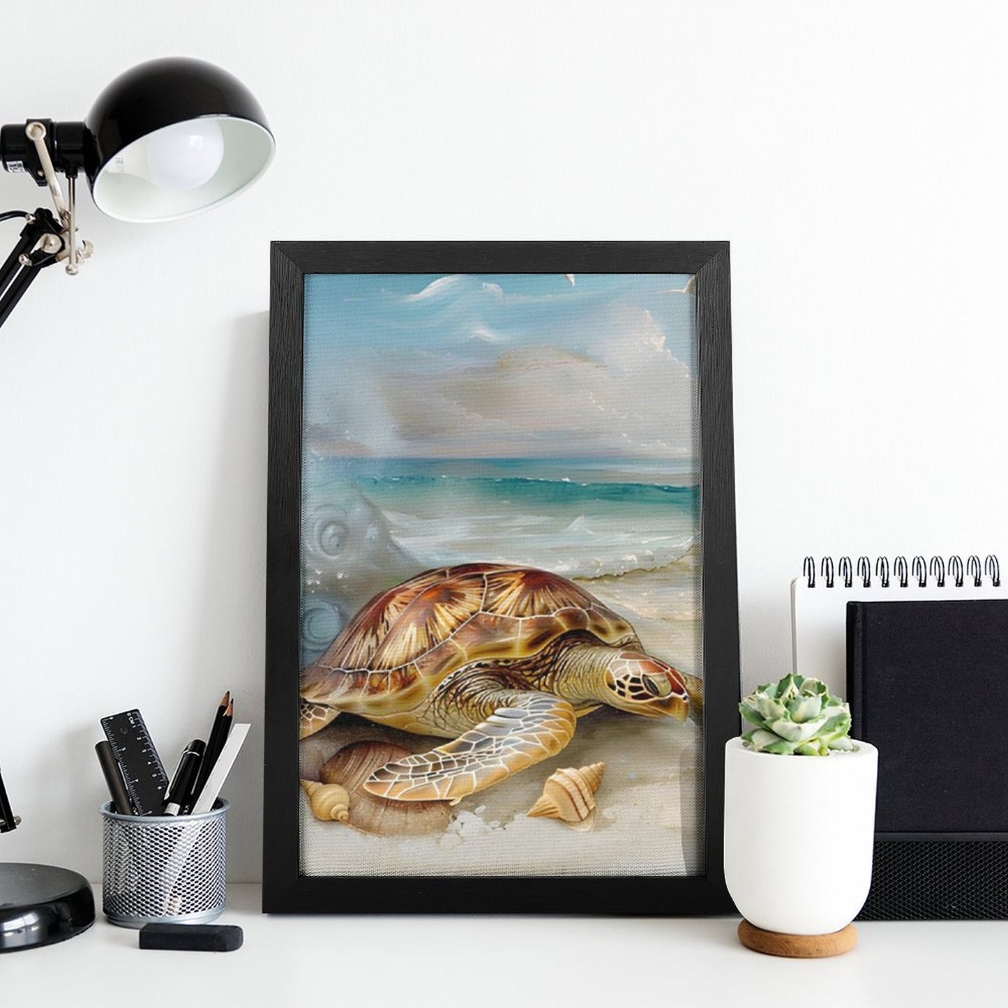 Modern Outer-Framed Vertical Canvas Art Print-Abstract Minimalist Decor - Turtle