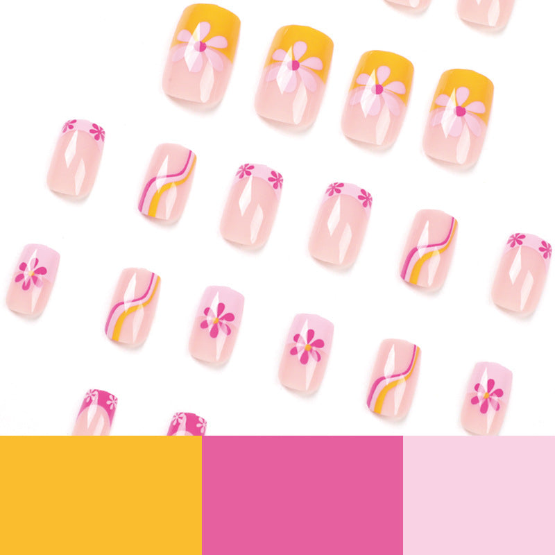 press on nails pads wholesale powder yellow edge French flower wave nails patch wholesale nails pads finished – Image 4