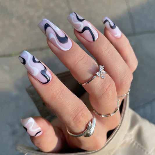 Black and white water wave Press on nails simple wind nail wave nail line nail Press on nails wholesale 365nails