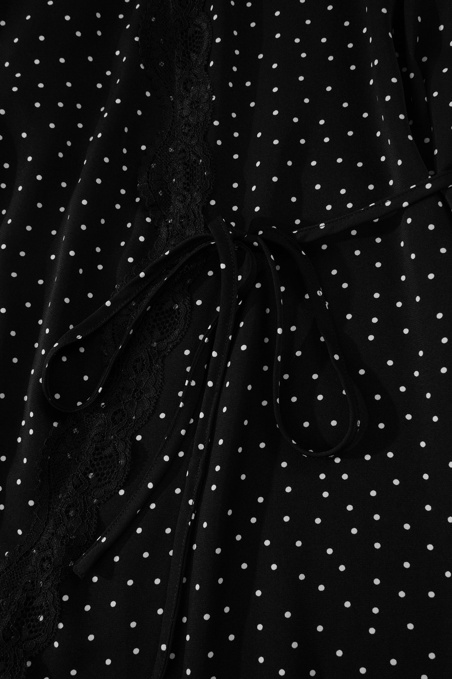Black Polka Dot Print Lace Trim Wrap Mini Dress