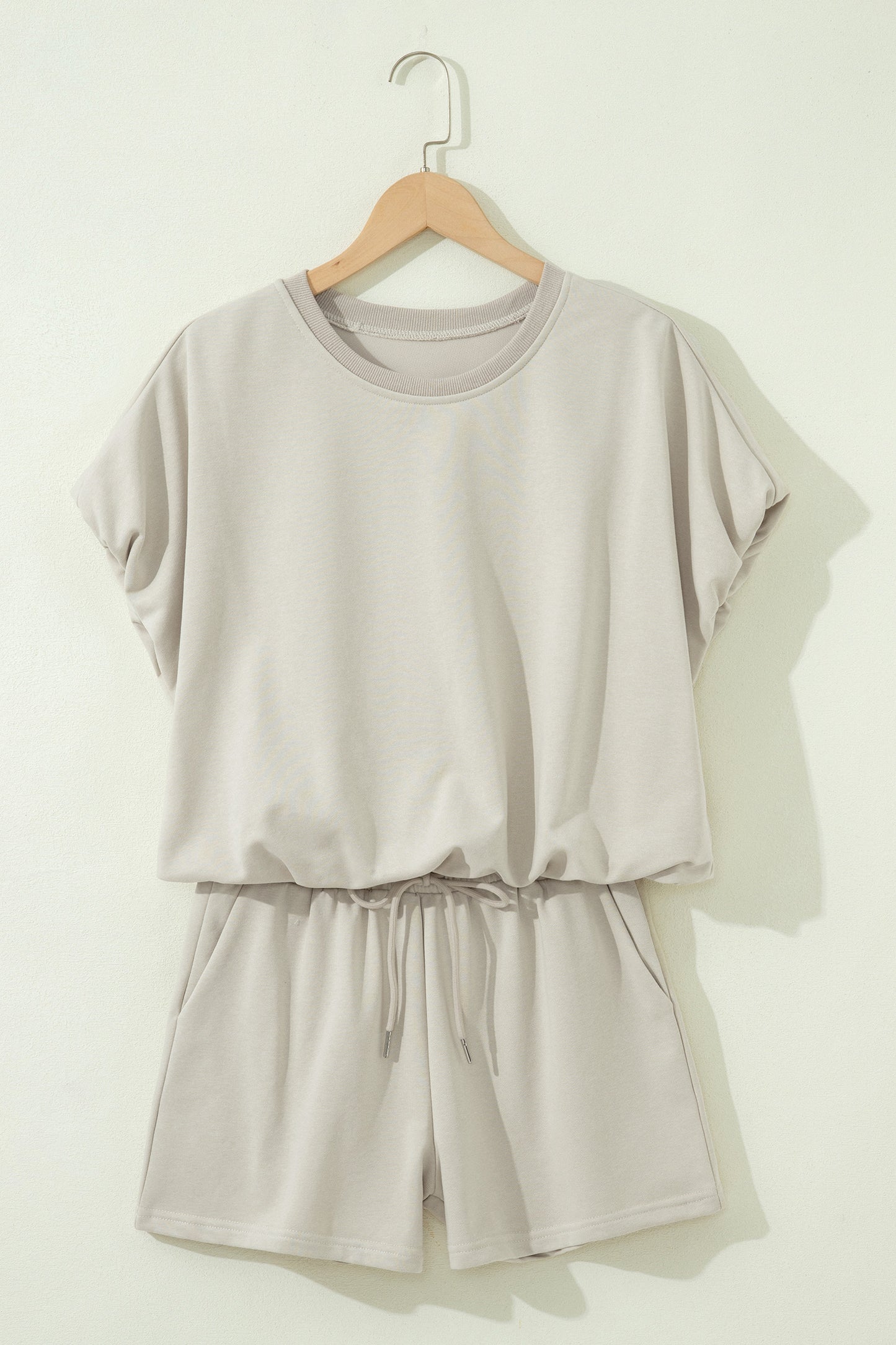 Smoke Gray Solid Color Puffy Loose Top Drawstring Shorts 2pcs Outfit