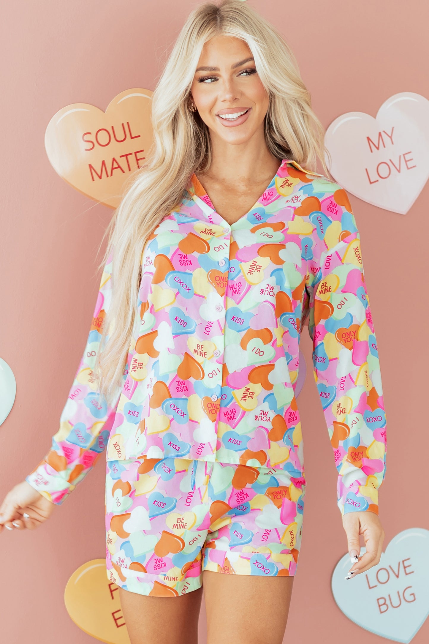 Pink Valentines Candy Heart V Neck Collared Tunic Shirt and Shorts 2pcs Pajama Set