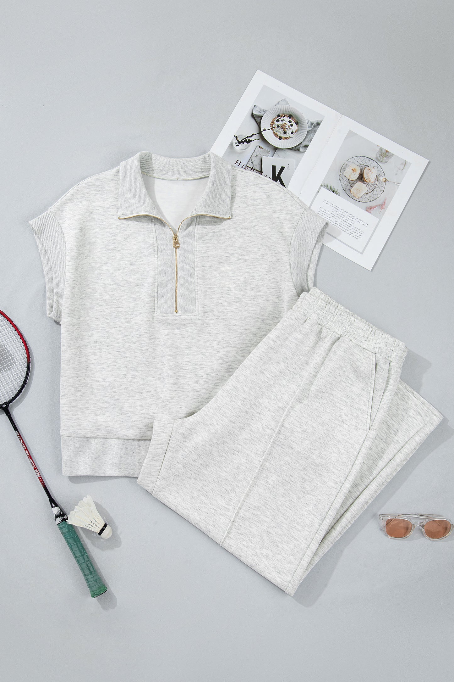 Light Grey Half Zip Polo Tee Loose Pants Plus Size 2pcs Outfit