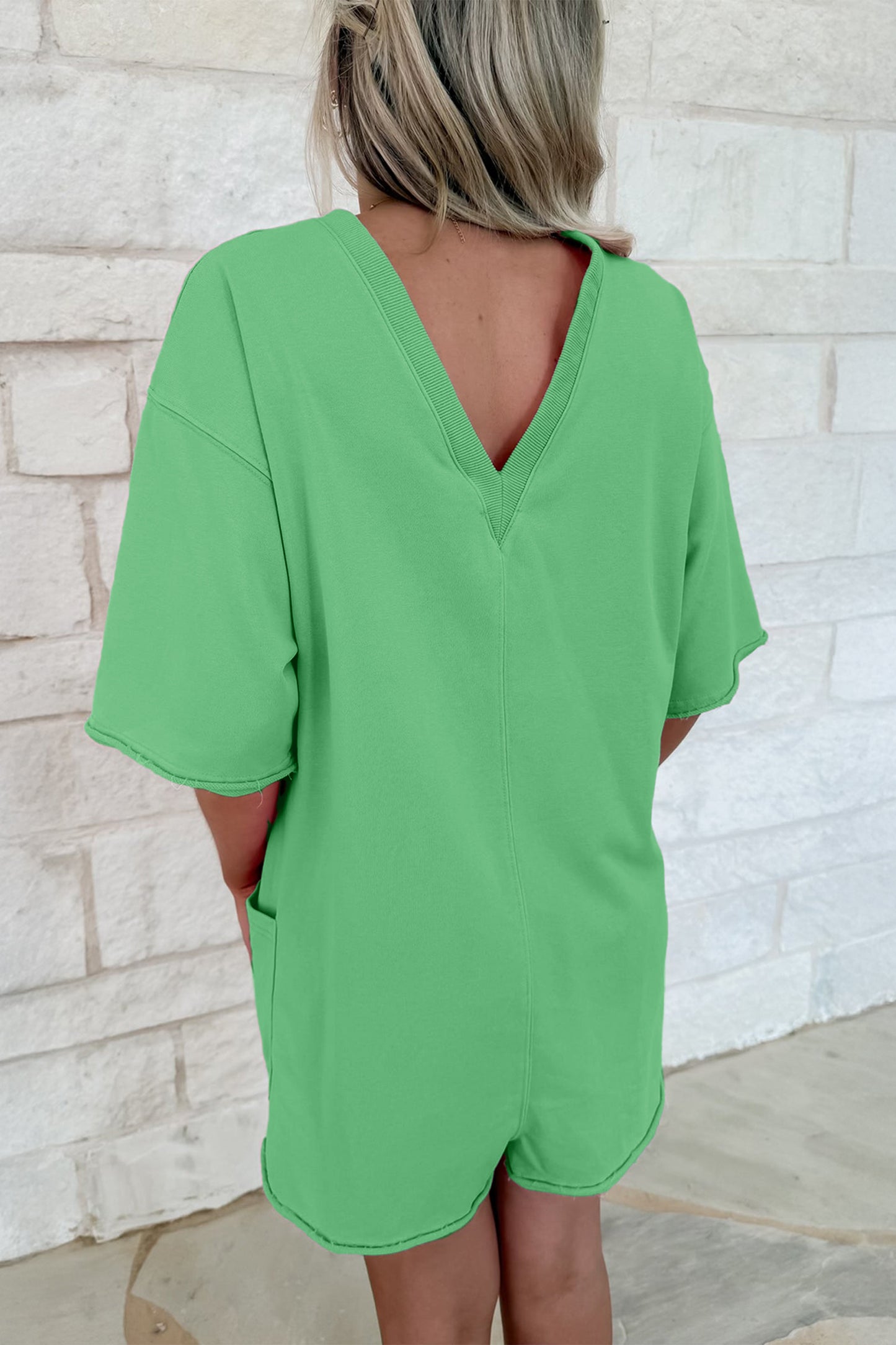 Bright Green Solid Color Raw Edge Half Sleeve Pocketed Loose Romper