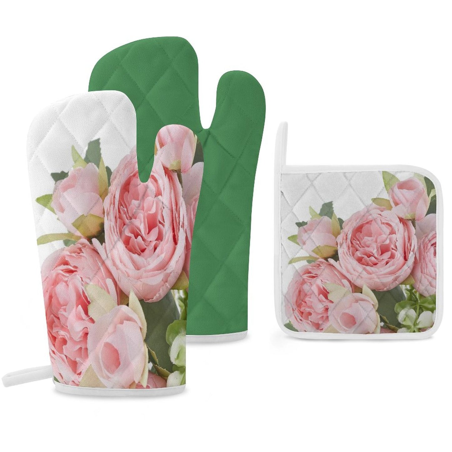 Oven Mitts & Pot Holder Set of 3 Pink flowers