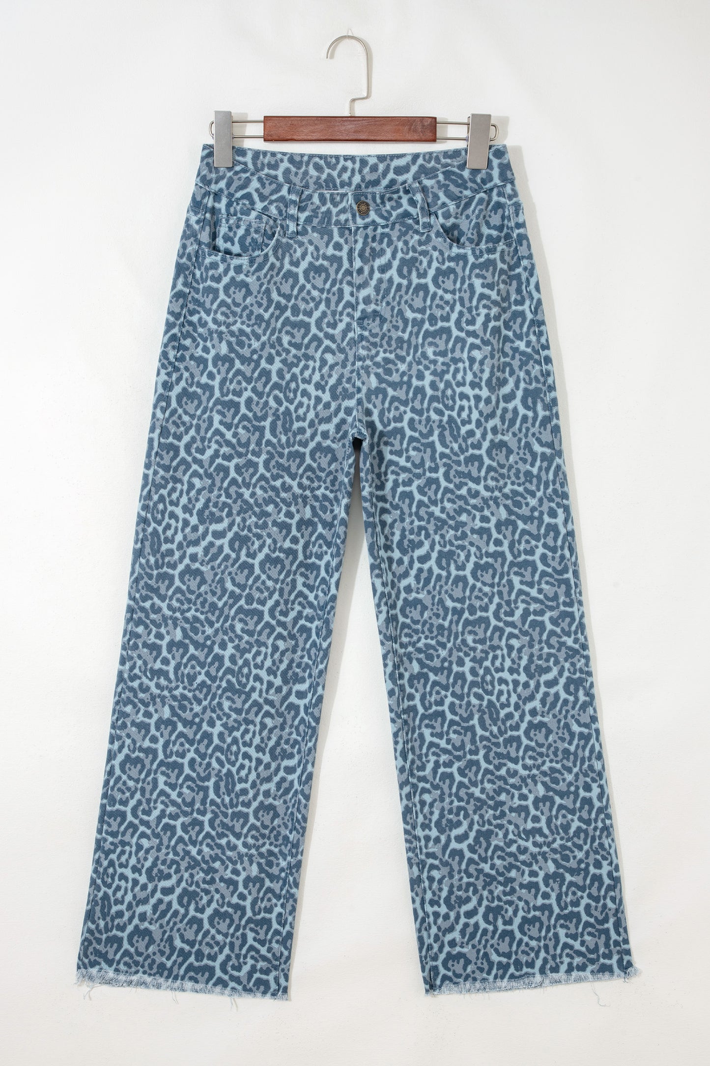 Sky Blue Leopard Frayed Edge Wide Leg High Waist Jeans