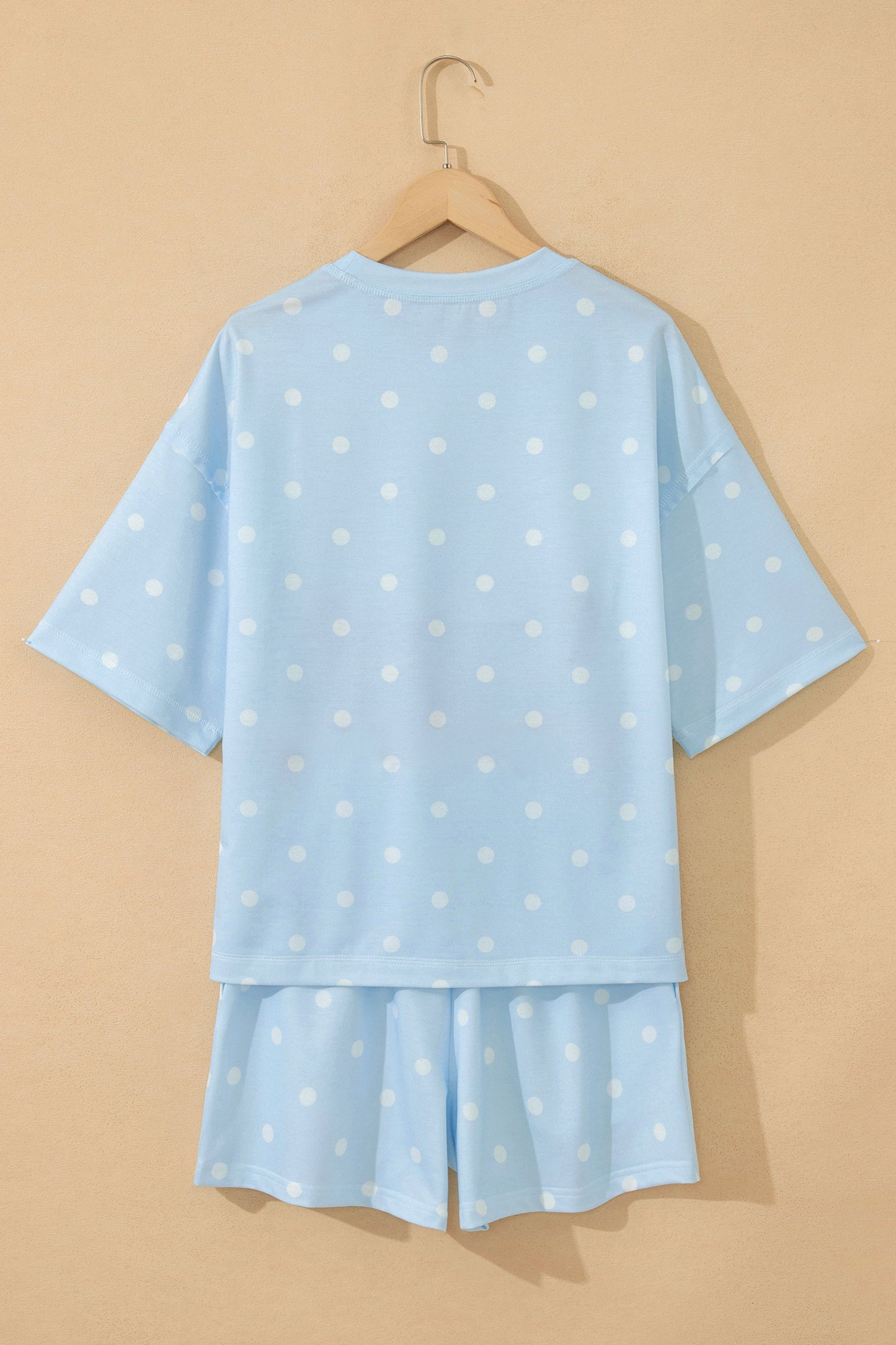 Sky Blue Exposed Seam Detail Polka Dot Loose Tee Drawstring Shorts Set