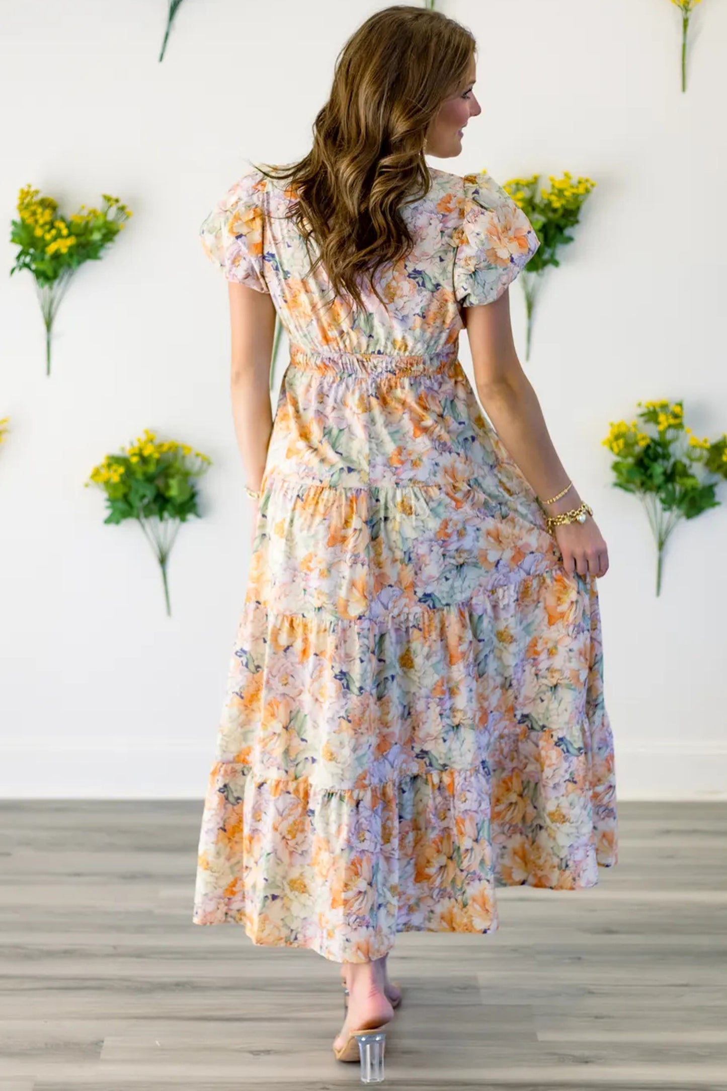 Floral Bubble Sleeve V Neck Flared Maxi Dress