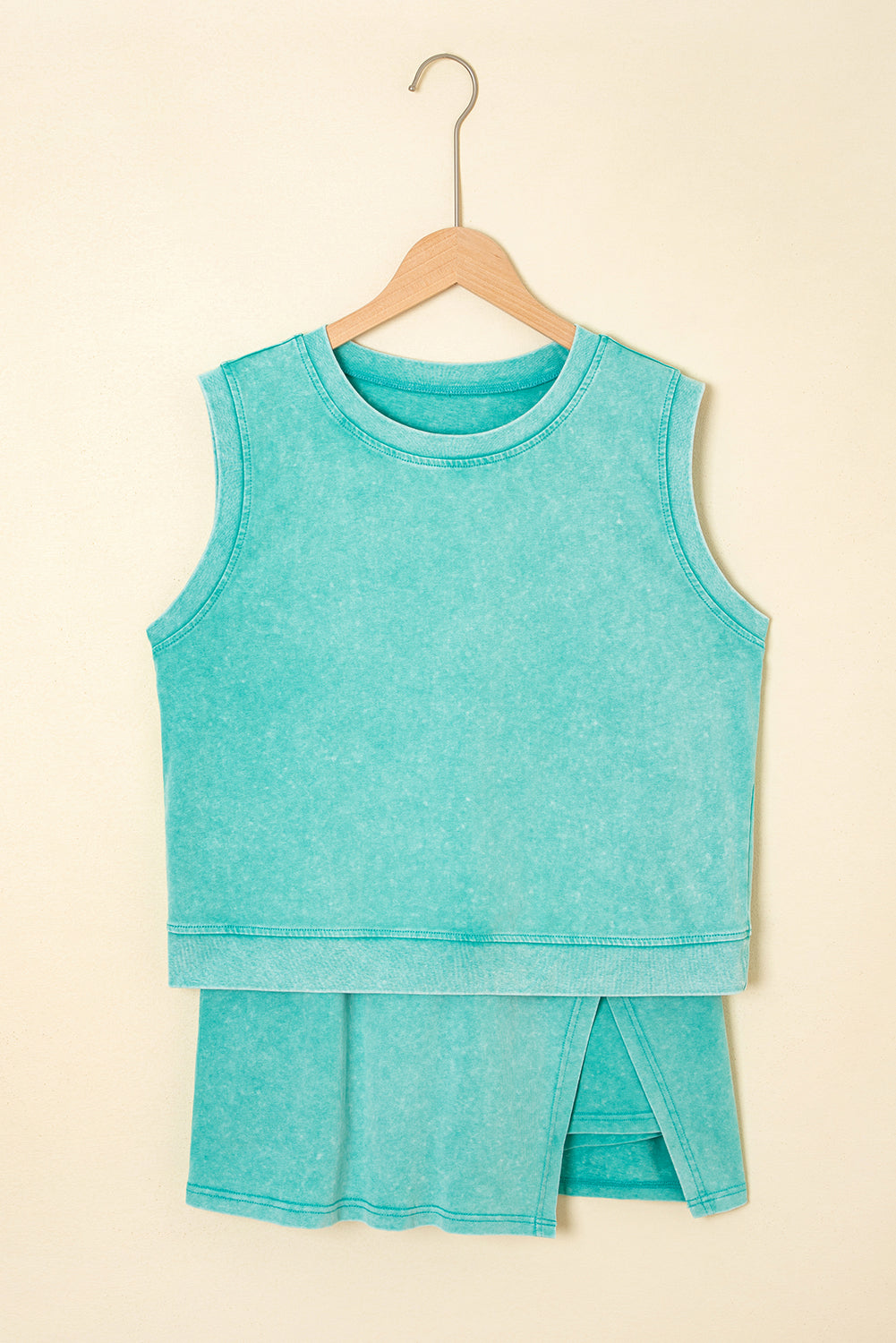 Mint Green 2 Pieces Mineral Wash Cotton Tank Top Lined Split Skirt Set