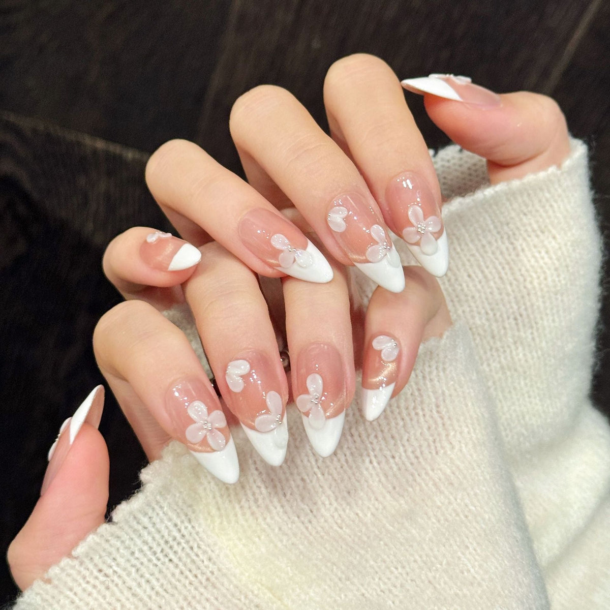 Soft Nude French Petal Flower Glossy Press On Tips – Image 3