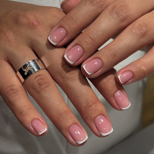 Classic French white edge wearing nail piece Short square nail piece Simple press on nails Fake nails
