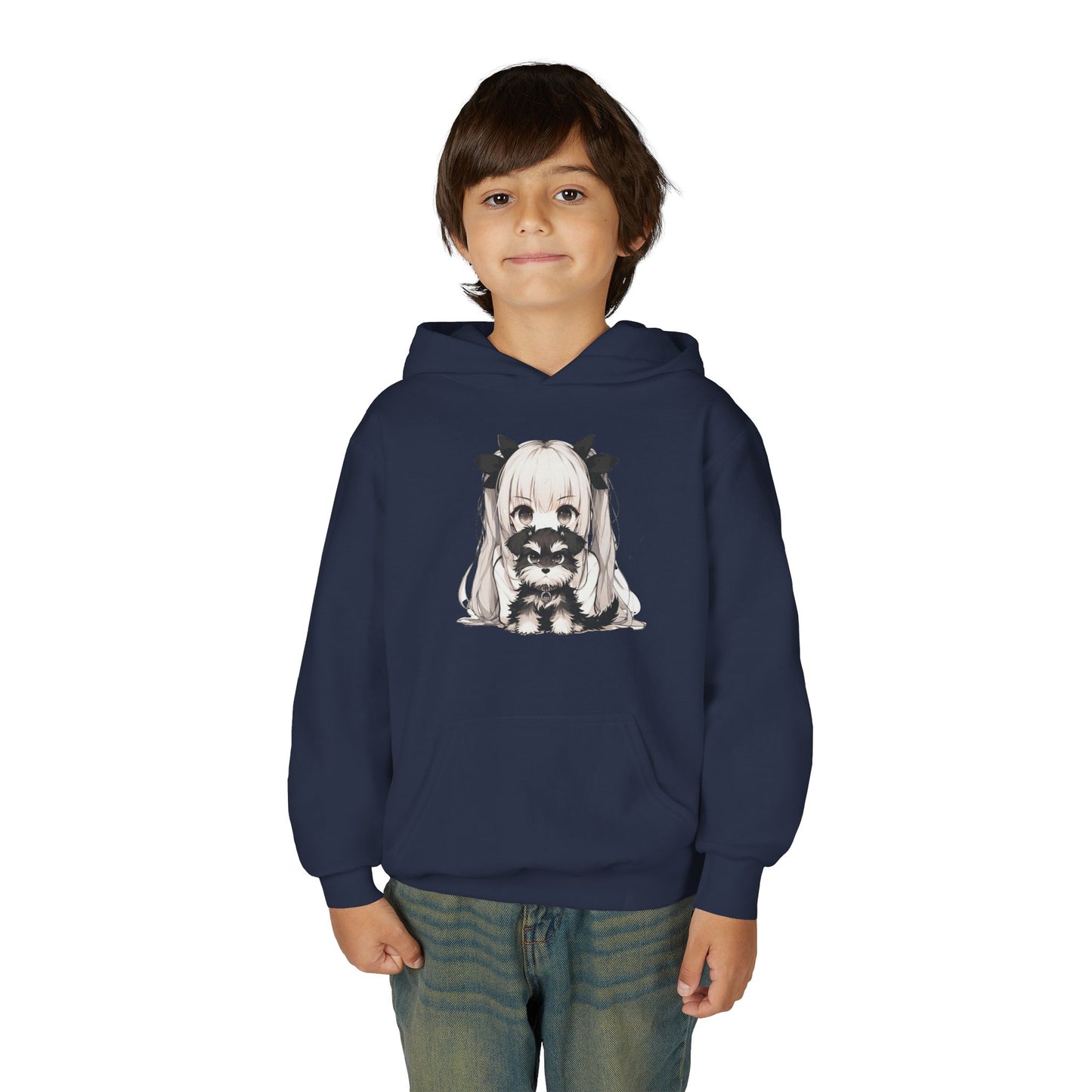 Cute Anime Girl & Puppy Youth Hoodie — Kawaii Kids Pullover for Anime Fans