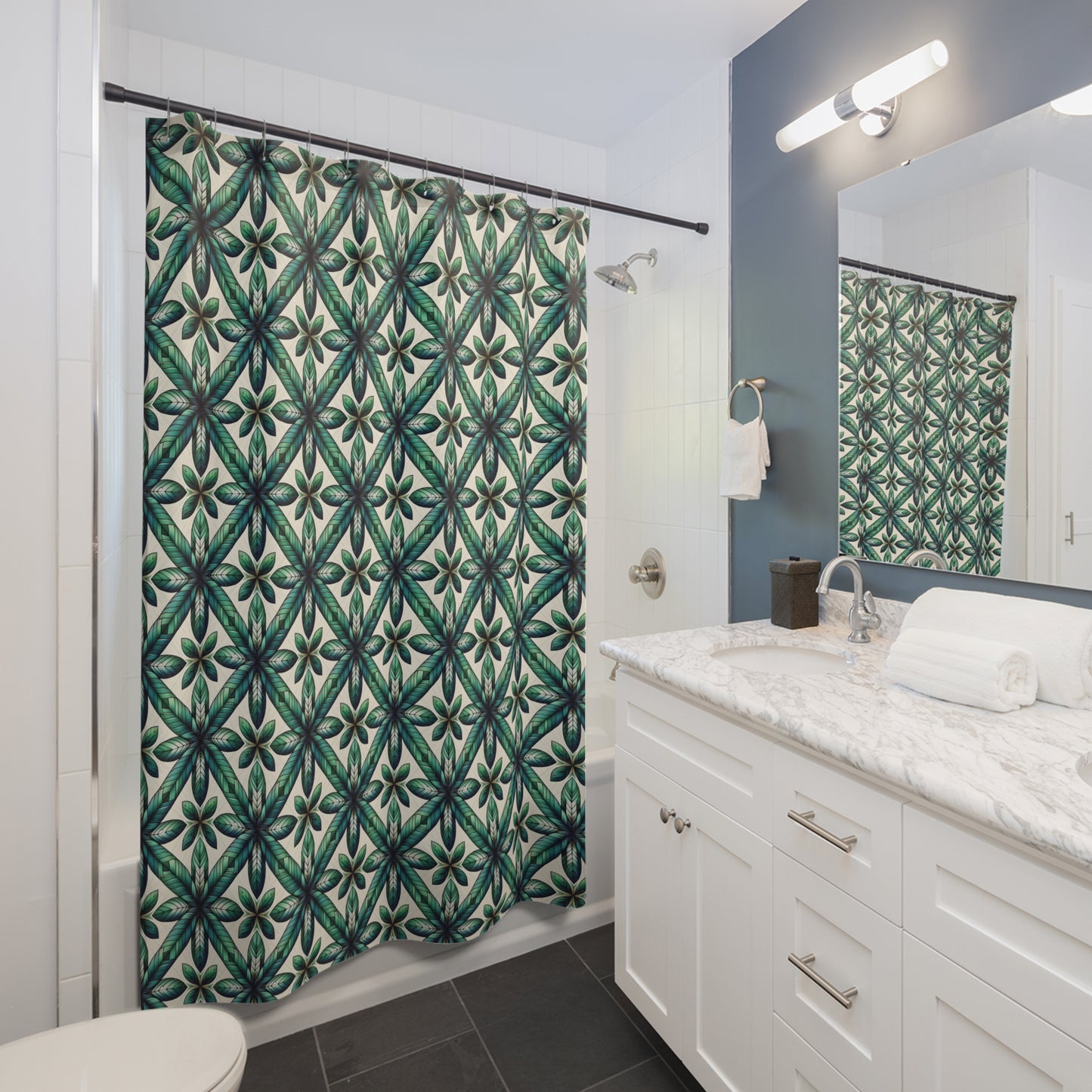 Green Tile Pattern Shower Curtain — Botanical Geometric Bath Decor