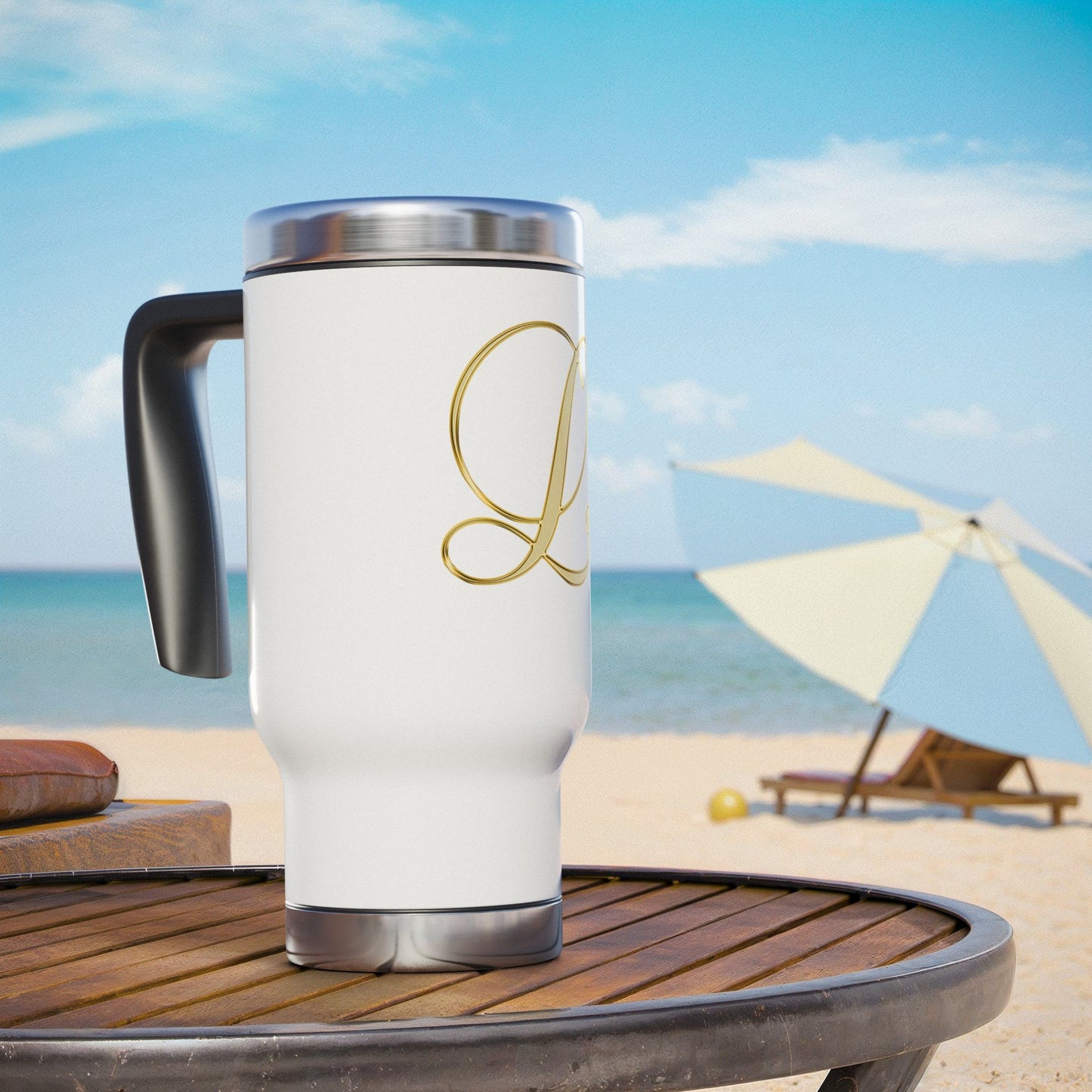 Monogram L Gold Travel Mug — 14oz Stainless Steel Tumbler with Handle