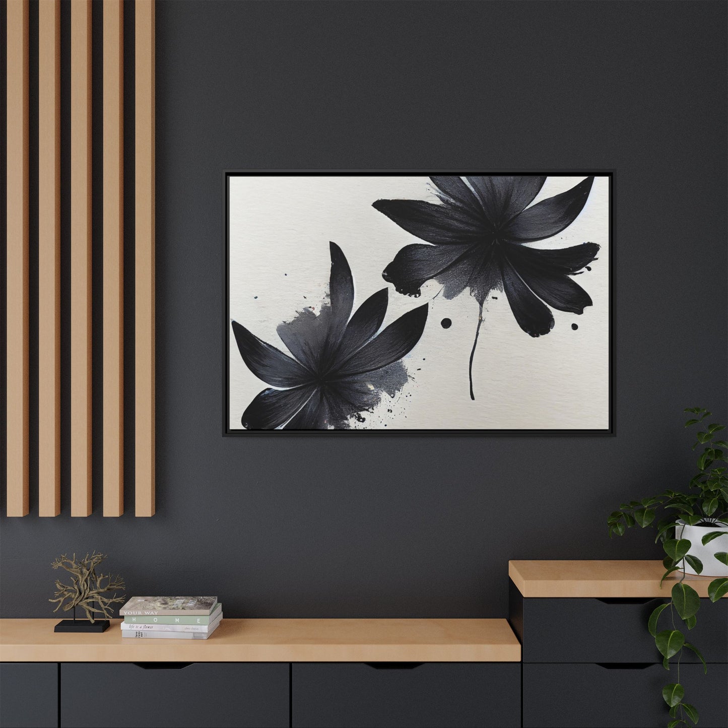 Framed Black Floral Matte Canvas Wall Art — Monochrome Botanical Print