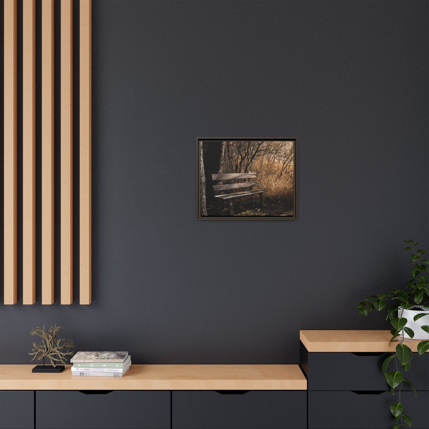 Framed Matte Canvas Print — Autumn Park Bench Photography