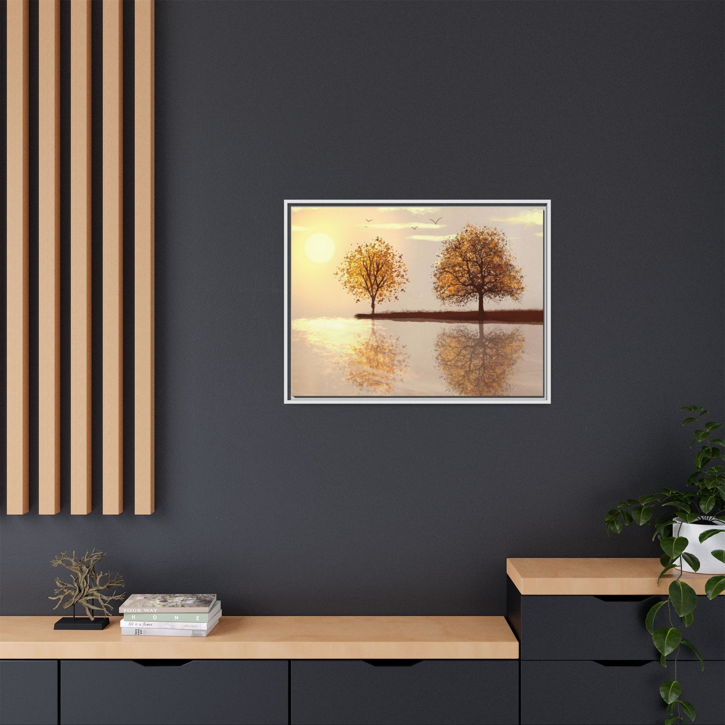 Framed Matte Canvas Wall Art — Golden Autumn Trees Reflection