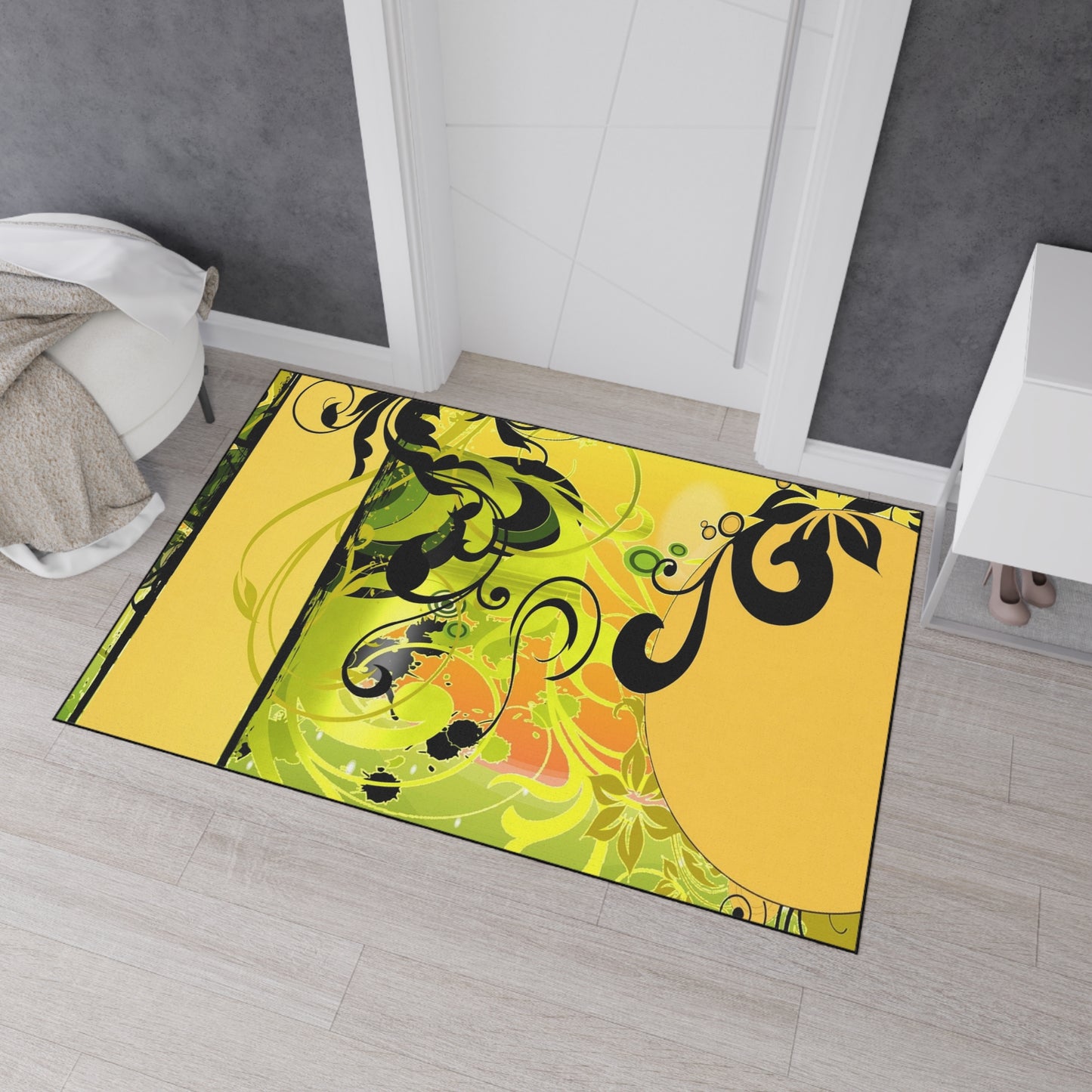 Floral Swirl Heavy Duty Floor Mat — Yellow Green Decorative Entry Rug