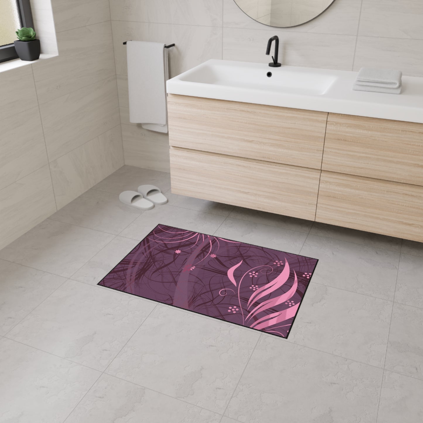 Floral Plum Heavy-Duty Floor Mat — Pink Swirl Entrance Rug