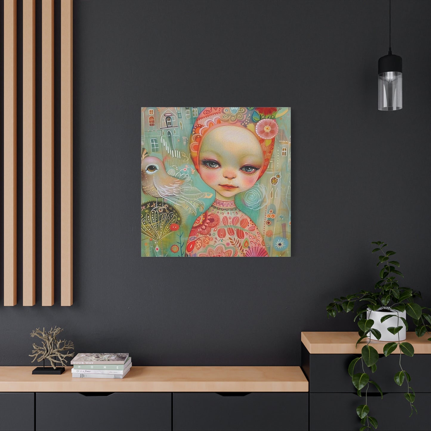 Whimsical Girl & Bird Matte Canvas Wall Art — Stretched Decorative Painting