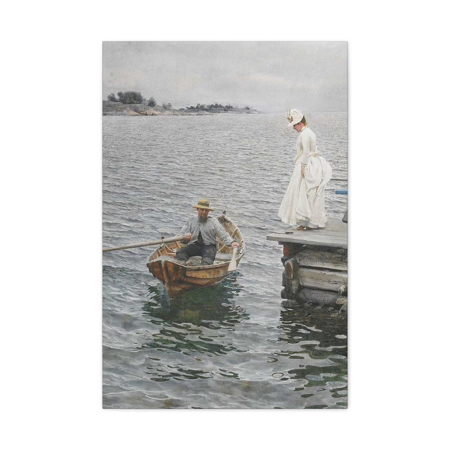 Seaside Stroll Canvas Print — Vintage Woman & Rowboat Matte Stretched Art 1.25"