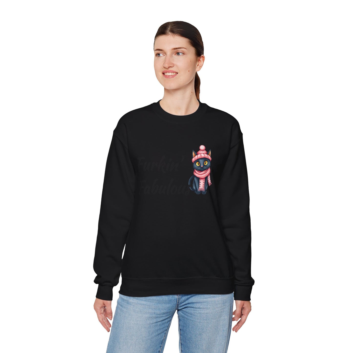 Crewneck Sweatshirt — "Furkin' Fabulous" Cute Black Cat in Pink Hat & Scarf