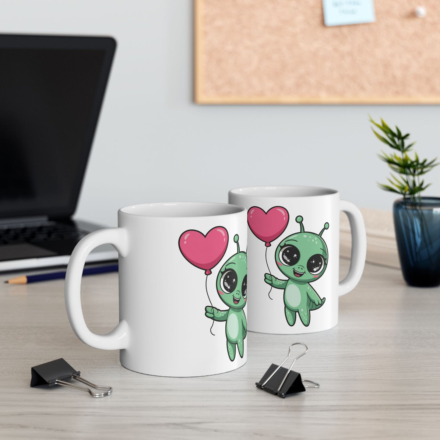 Cute Alien Holding Heart Balloon Ceramic Mug — 11oz & 15oz Gift Mug