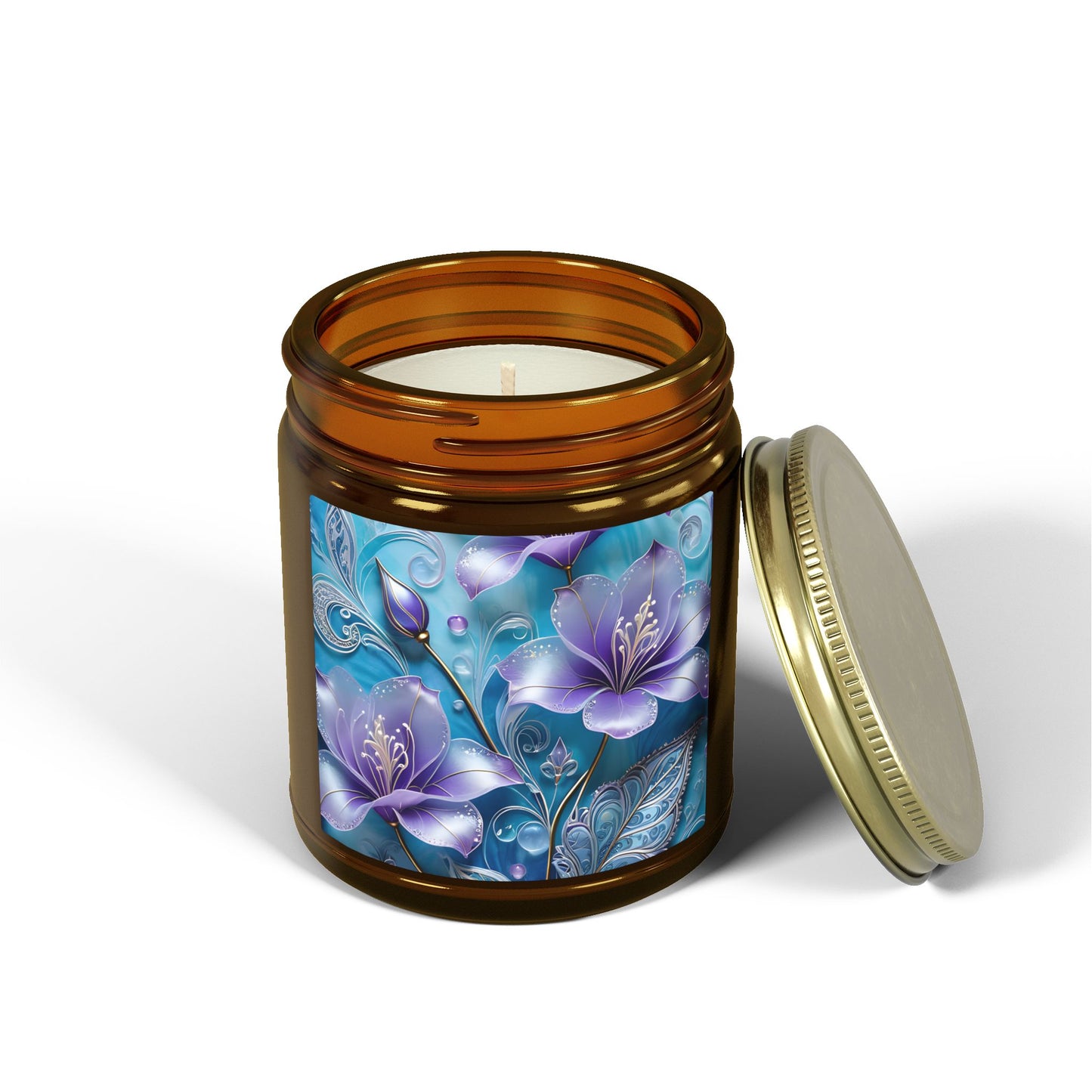 Scented Candle — Coconut Apricot Wax (4oz & 9oz) with Blue Floral Art