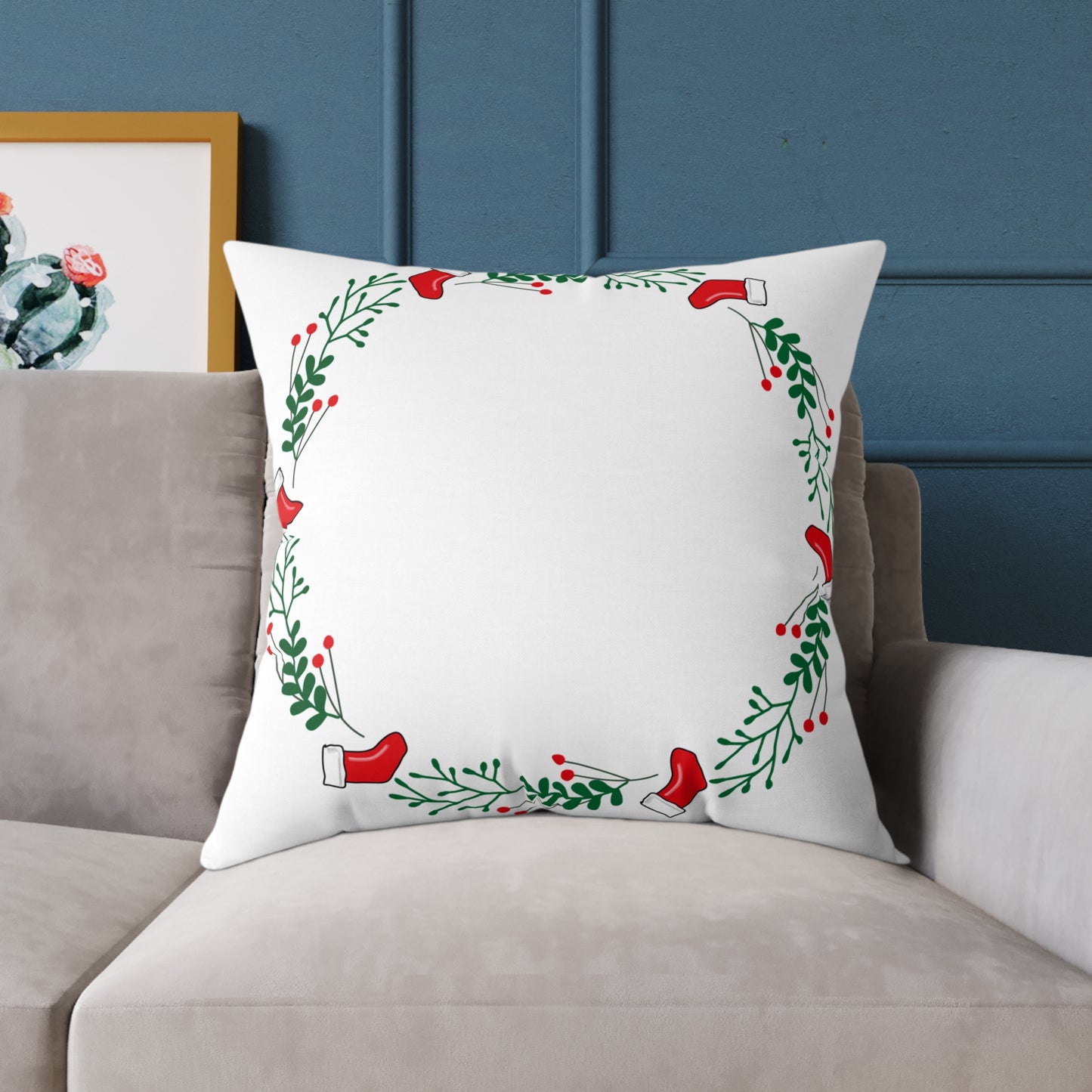 Holiday Holly Corner Square Pillow - Festive Red Berries & Greenery Throw Pillow