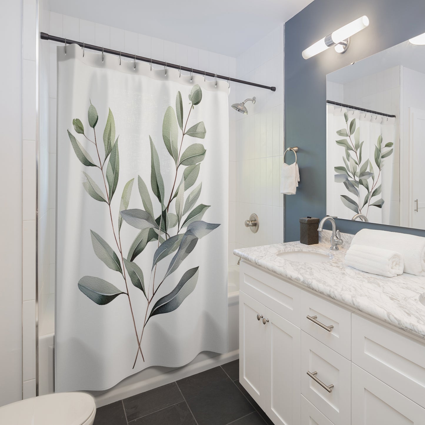 Eucalyptus Botanical Shower Curtain — Minimal Green Leaf Bathroom Decor