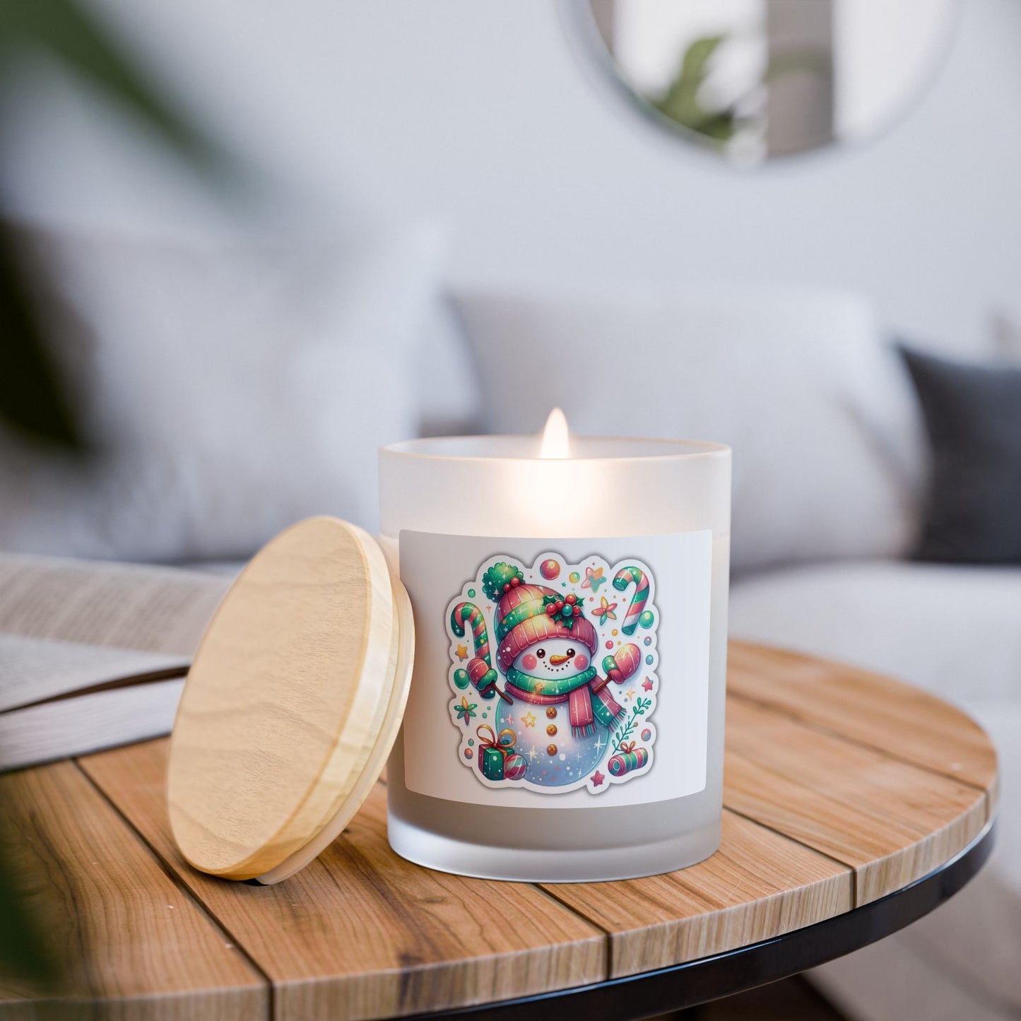 Snowman Themed Frosted Glass Candle, Holiday Decor, Winter Scented Gift, Xmas, Cozy Atmosphere, Candle Lover's Delight
