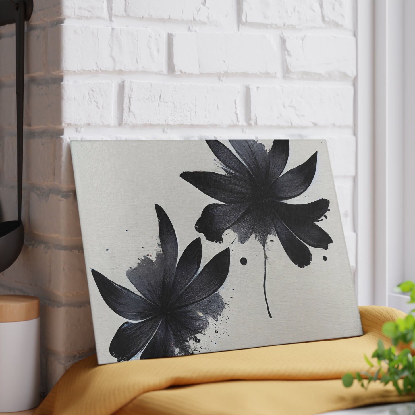 Glass Cutting Board — Black Floral Ink Splash Design