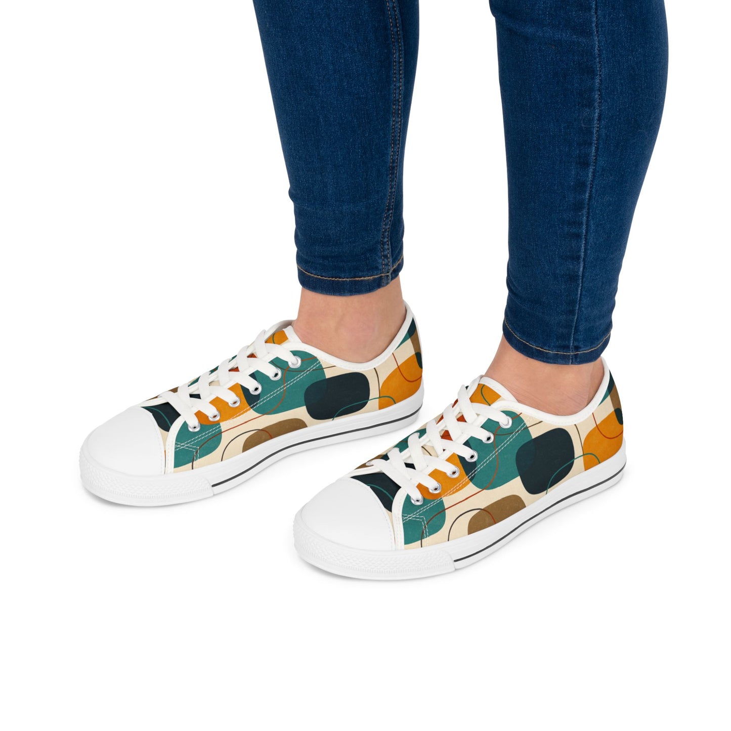 Low Top Sneakers — Retro Abstract Teal & Mustard Geometric Pattern