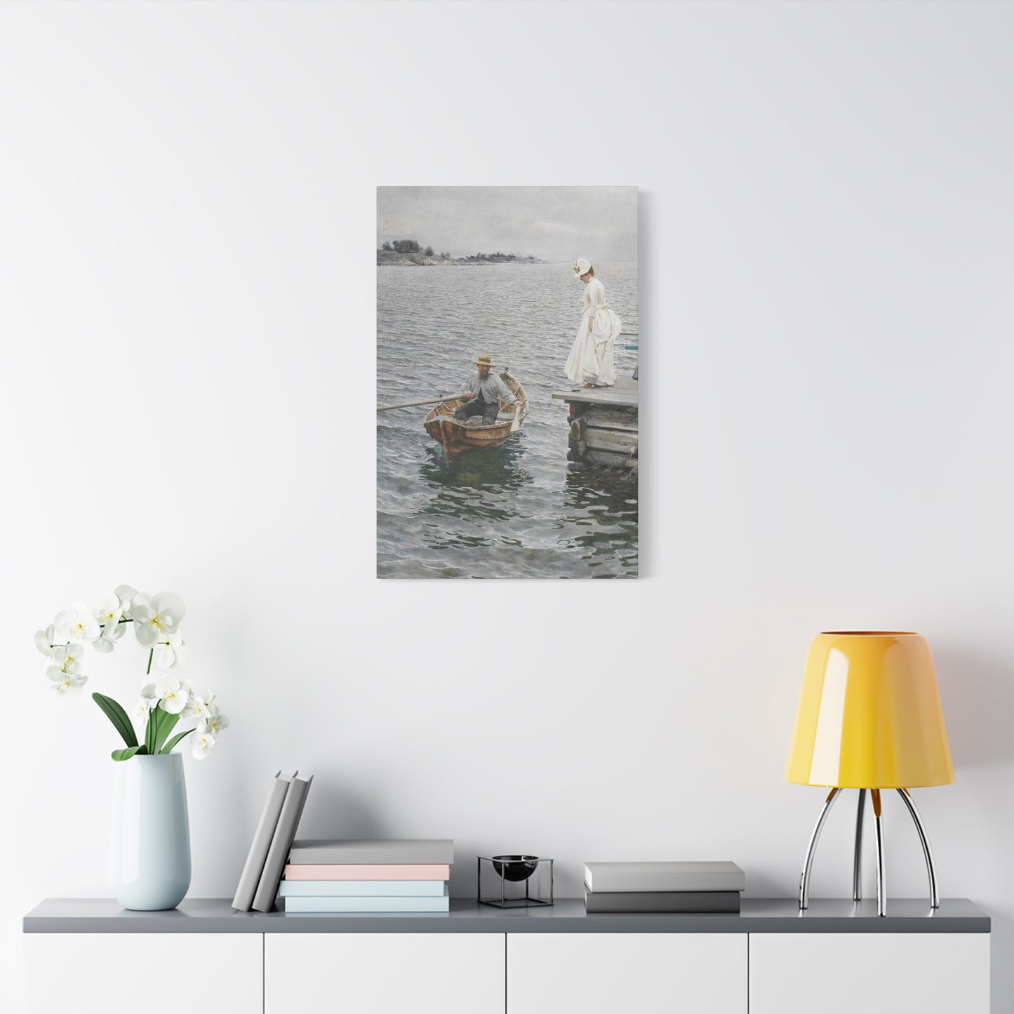 Seaside Stroll Canvas Print — Vintage Woman & Rowboat Matte Stretched Art 1.25"