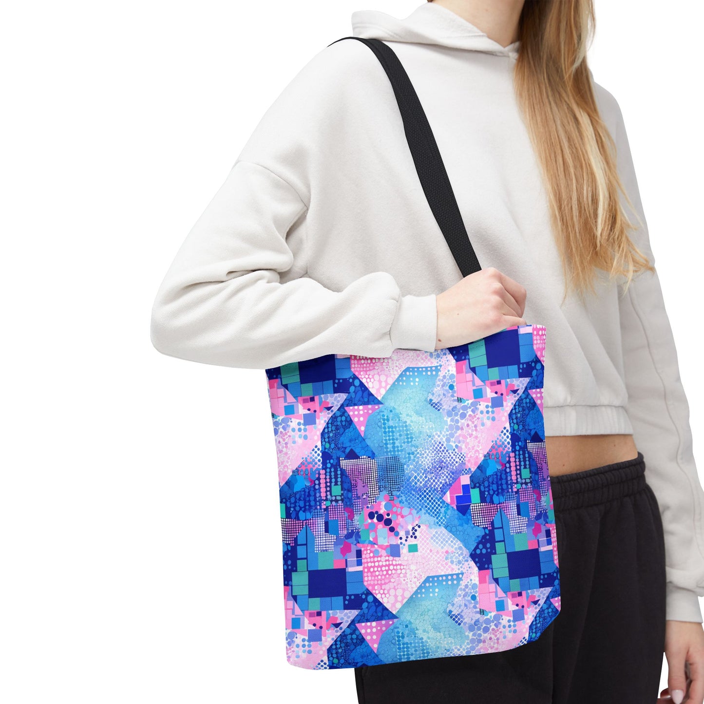 Abstract Blue Pink Geometric Tote Bag — Colorful Patterned All-Over Print Tote