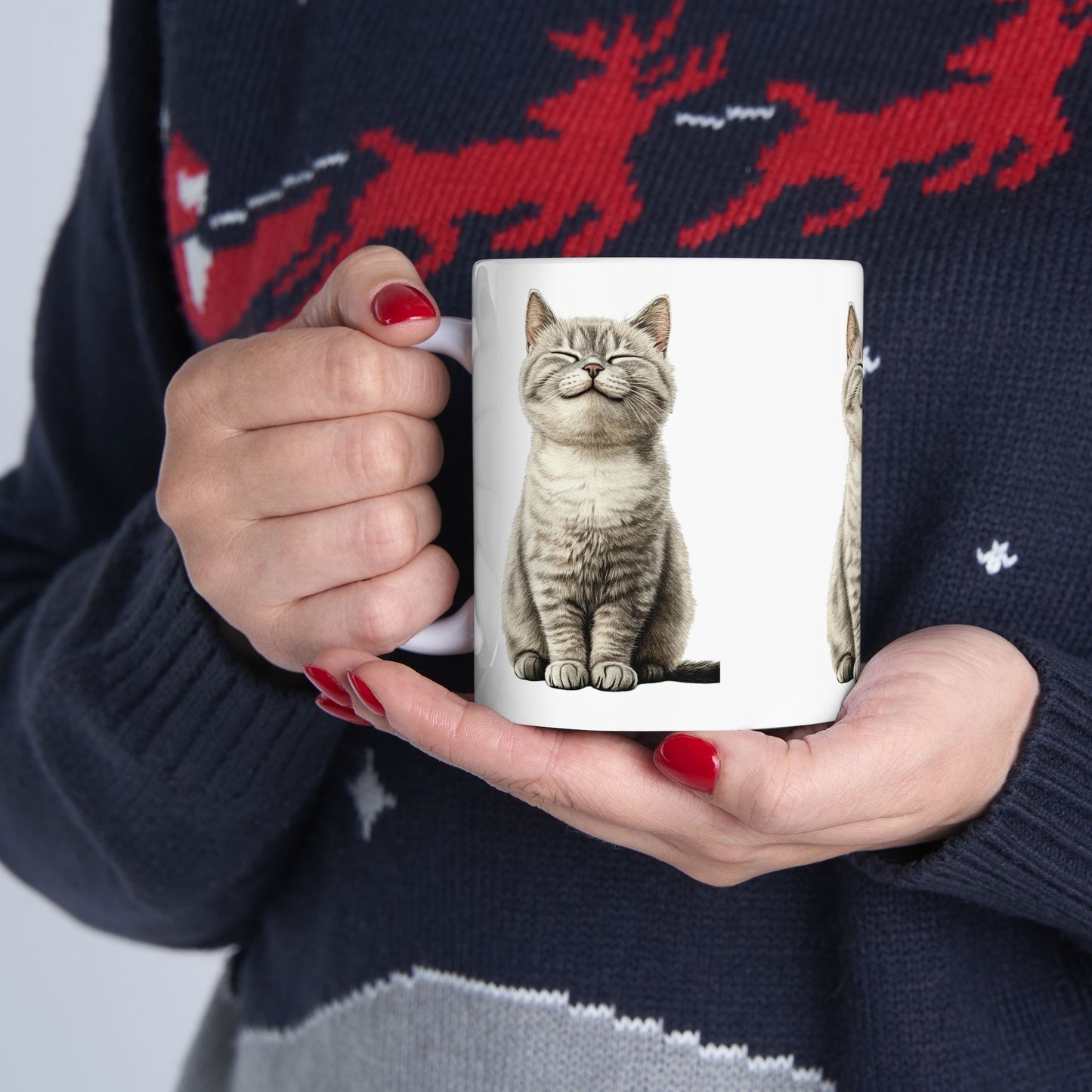 Smiling Grey Tabby Cat Ceramic Mug — Cute Cat Lover Coffee Cup (11oz & 15oz)