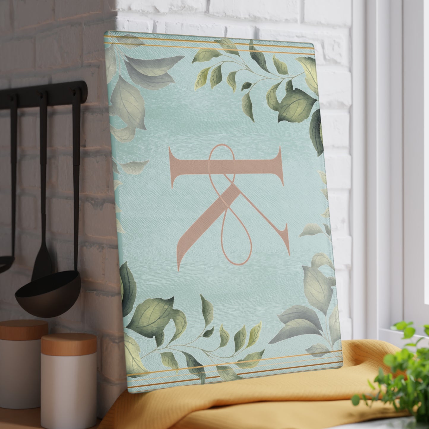 Monogram K Glass Cutting Board — Botanical Greenery Initial Kitchen Serving Board
