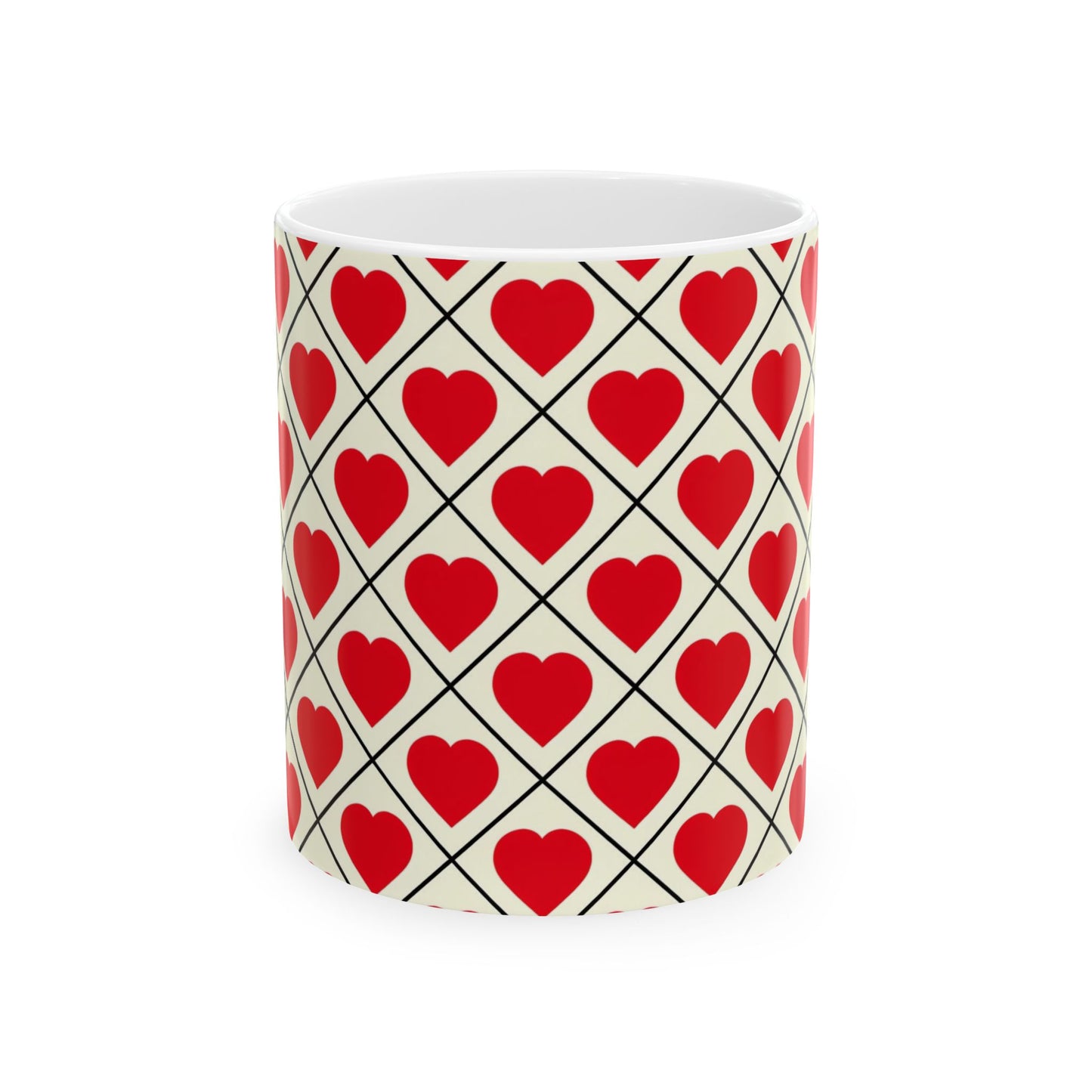 Heart Pattern Ceramic Mug – Red Hearts Grid Coffee Cup (11oz, 15oz)