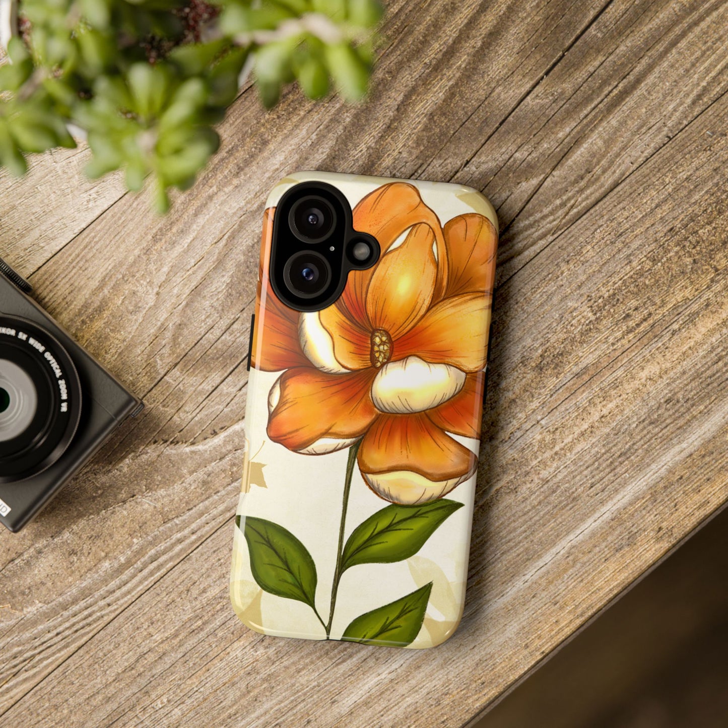 Floral Phone Case with Orange Flower Design, Tough Phone Cover, Floral Gift, Stylish Tech Accessory, Nature Lovers, Spring Vibes