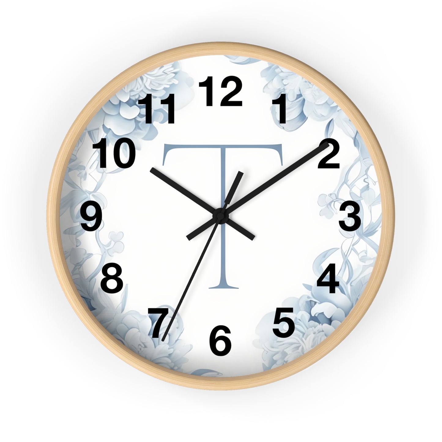 Monogram T Floral Wall Clock — Elegant Blue Initial T Home Decor