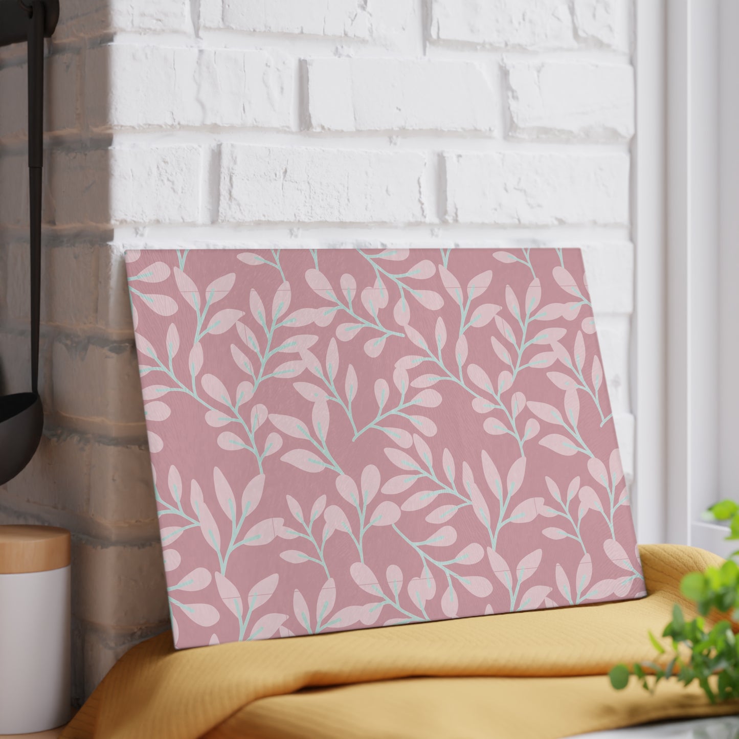 Pink Floral Glass Cutting Board – Pastel Leaf Pattern Kitchen Decor
