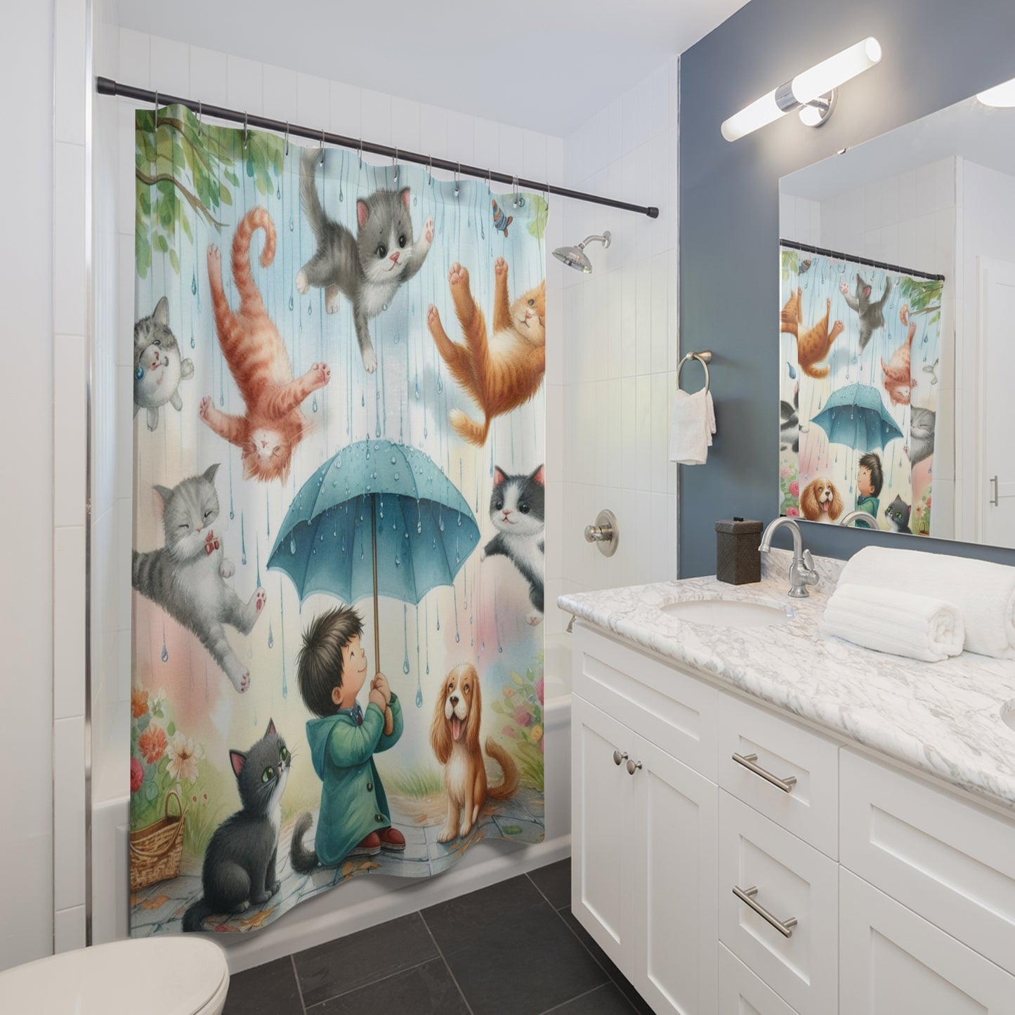 Shower Curtain — Whimsical Kids Rainy Day Cats Shower Curtain (Boy with Umbrella)