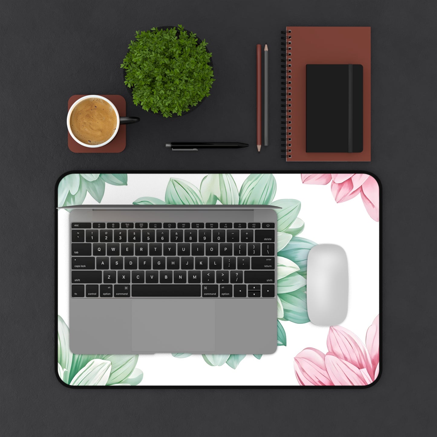 Floral Succulent Desk Mat — Green & Pink Botanical Mouse Pad
