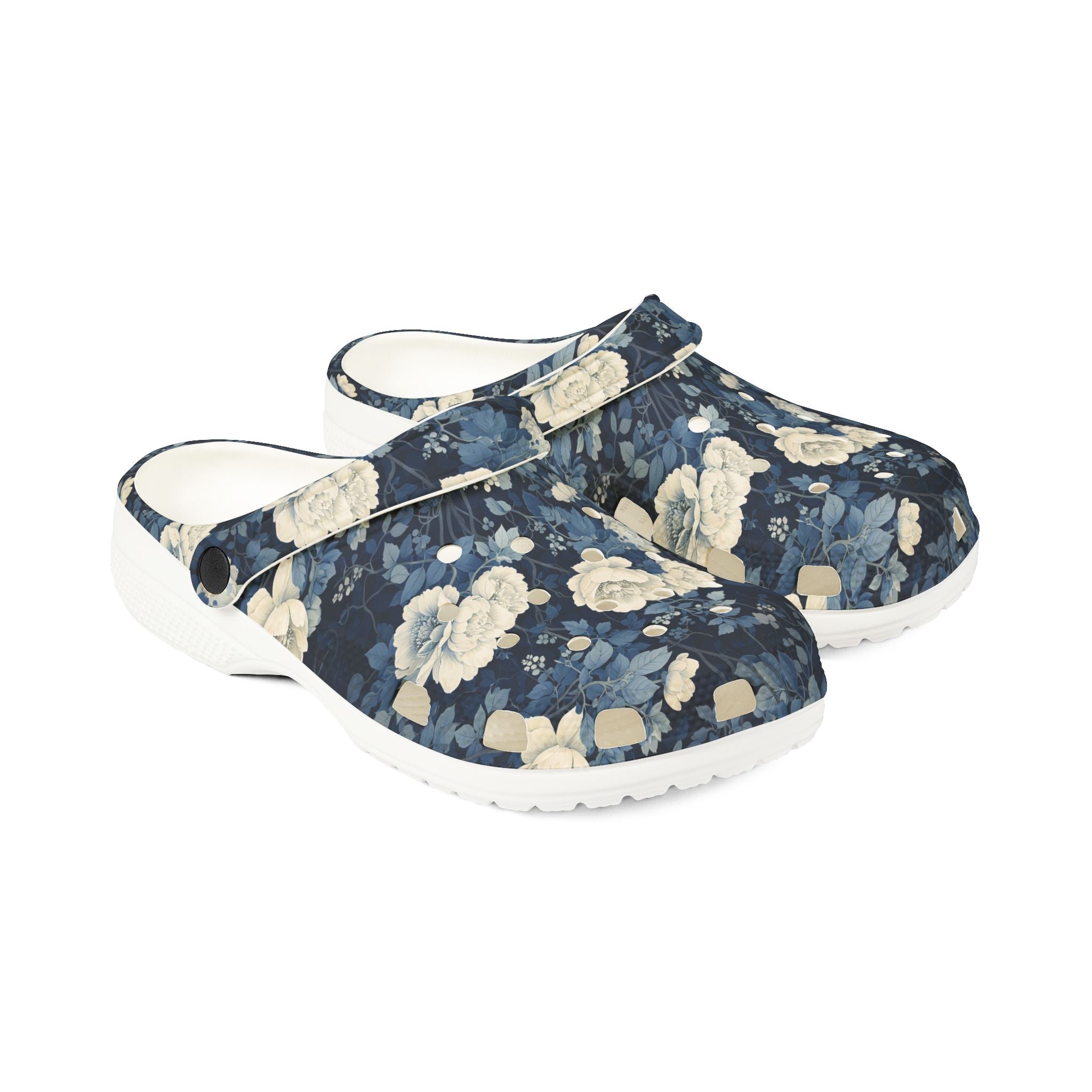 Floral Clogs - Vintage Blue Rose Slip-On Shoes
