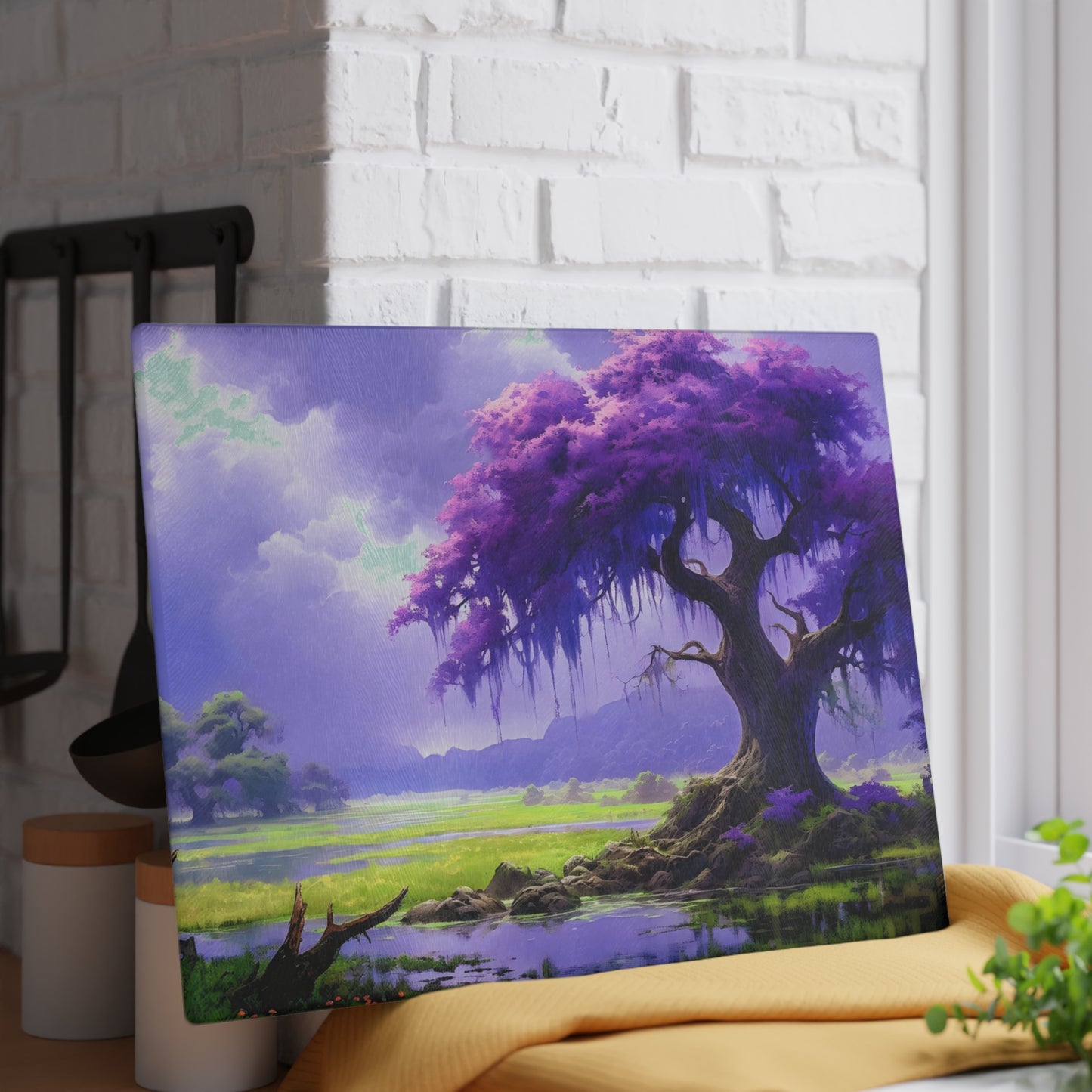 Purple Fantasy Tree Glass Cutting Board — Decorative Kitchen Glass Chopping Board