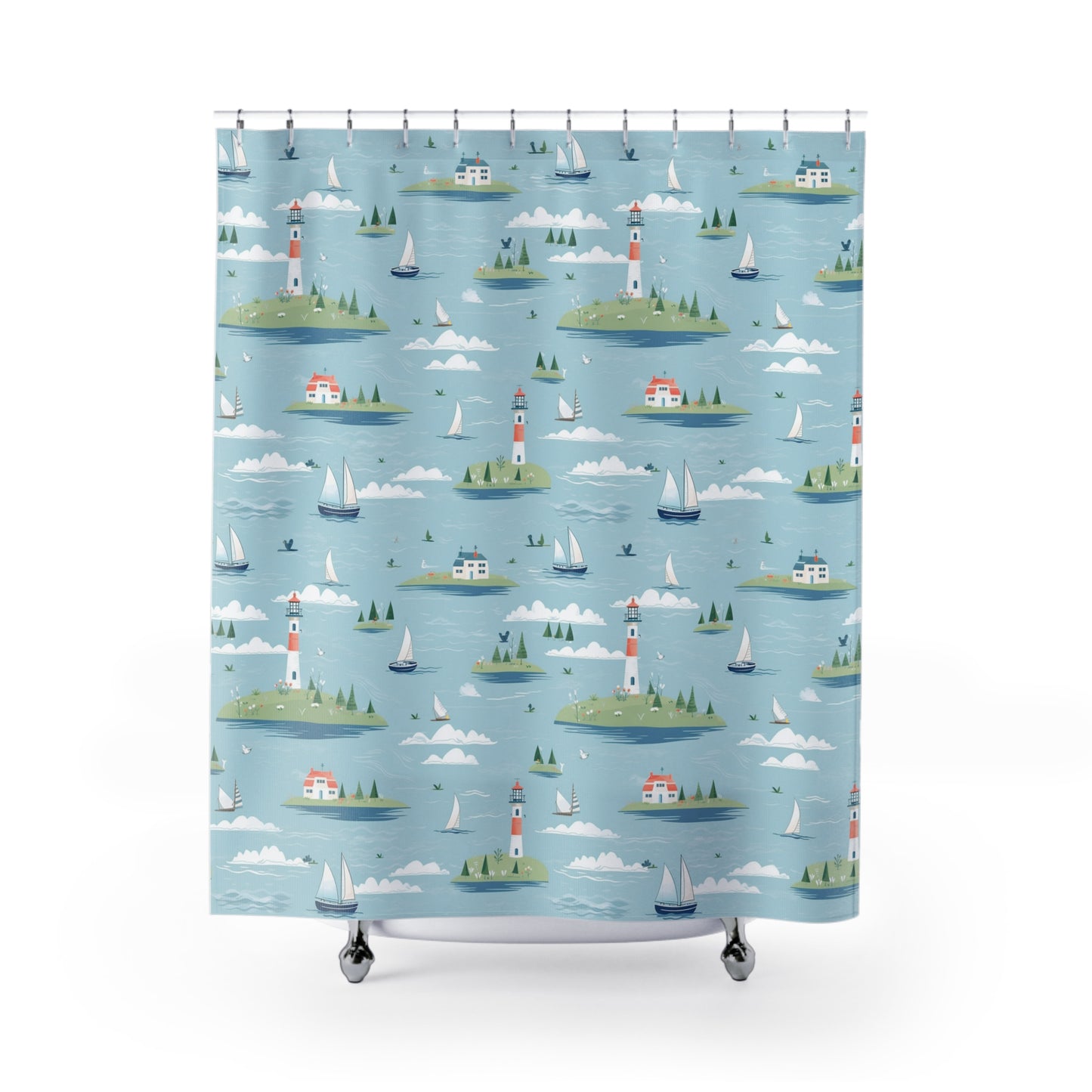 Coastal Lighthouse Shower Curtain — Nautical Island & Sailboat Bathroom Decor