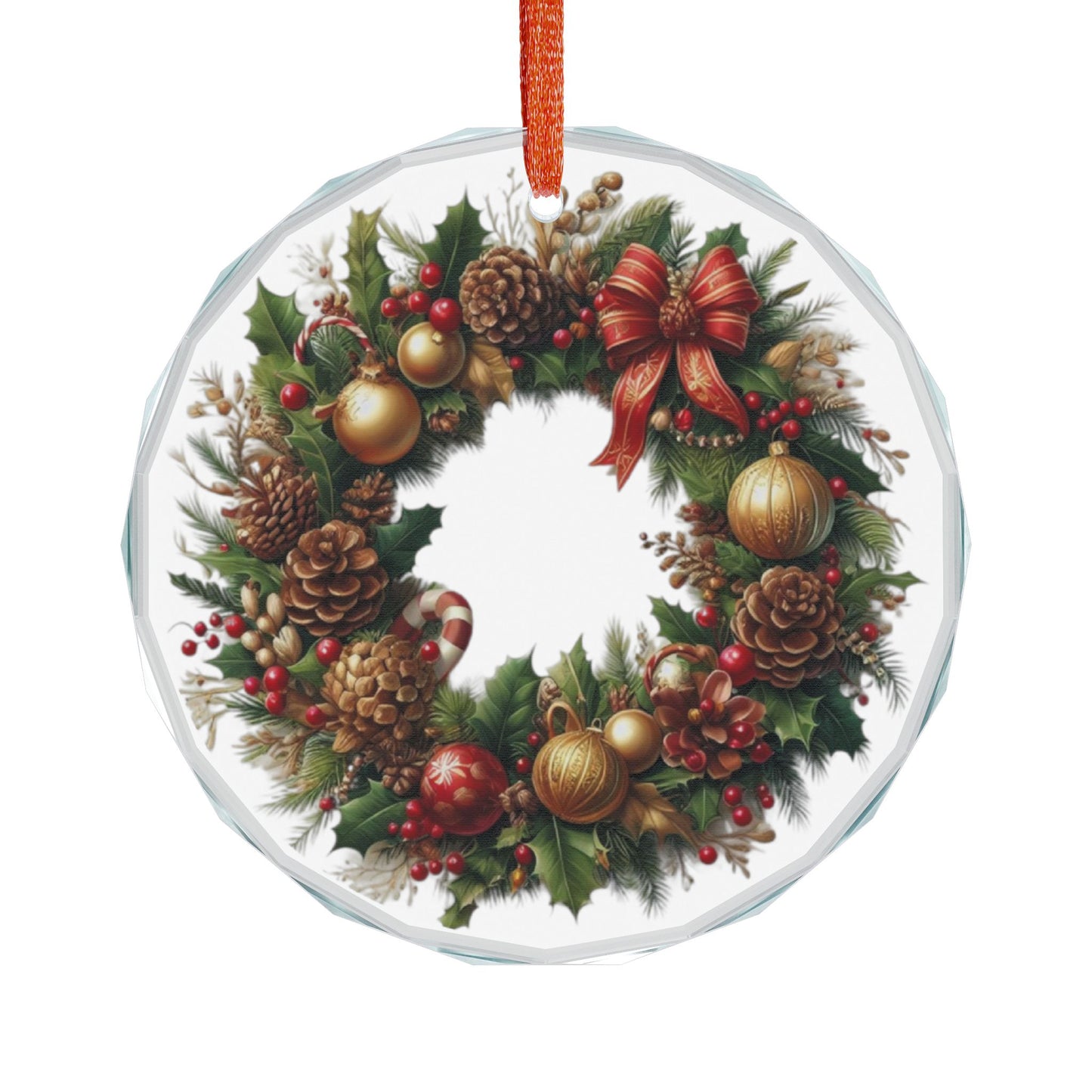 Crystal Glass Ornament — Traditional Pinecone & Holly Christmas Wreath Ornament