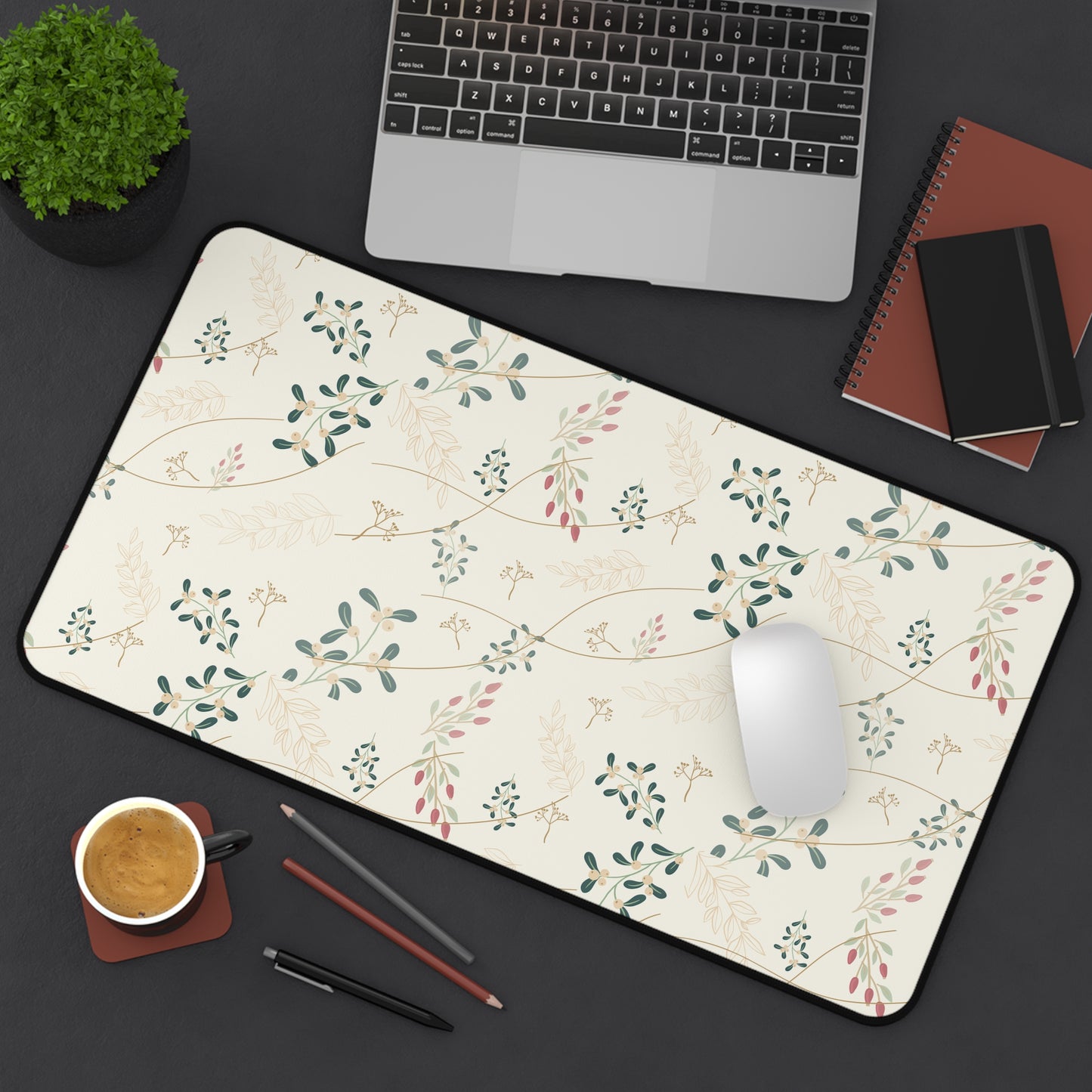 Floral Vine Desk Mat — Cream Botanical Mouse Pad for Home Office
