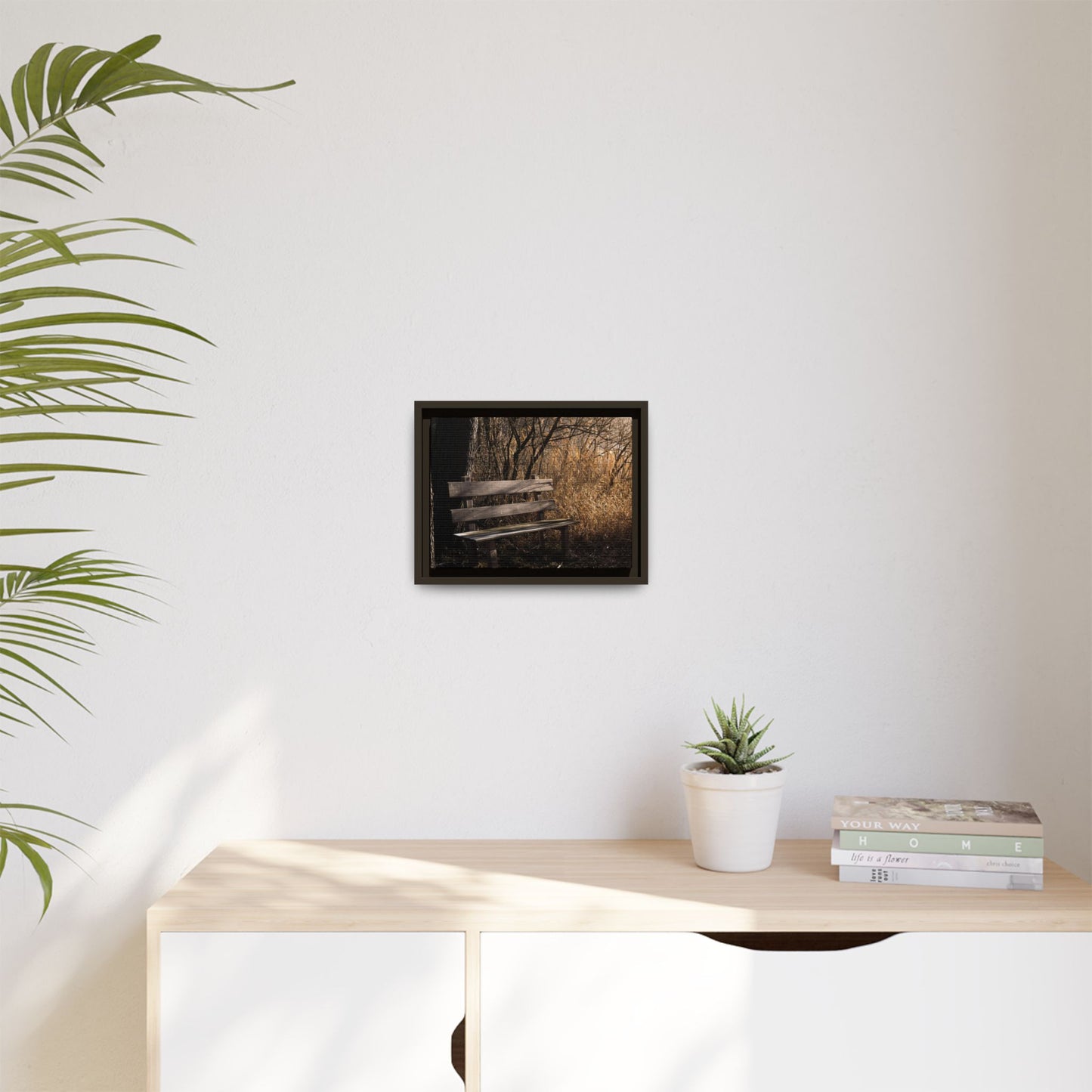 Framed Matte Canvas Print — Autumn Park Bench Photography